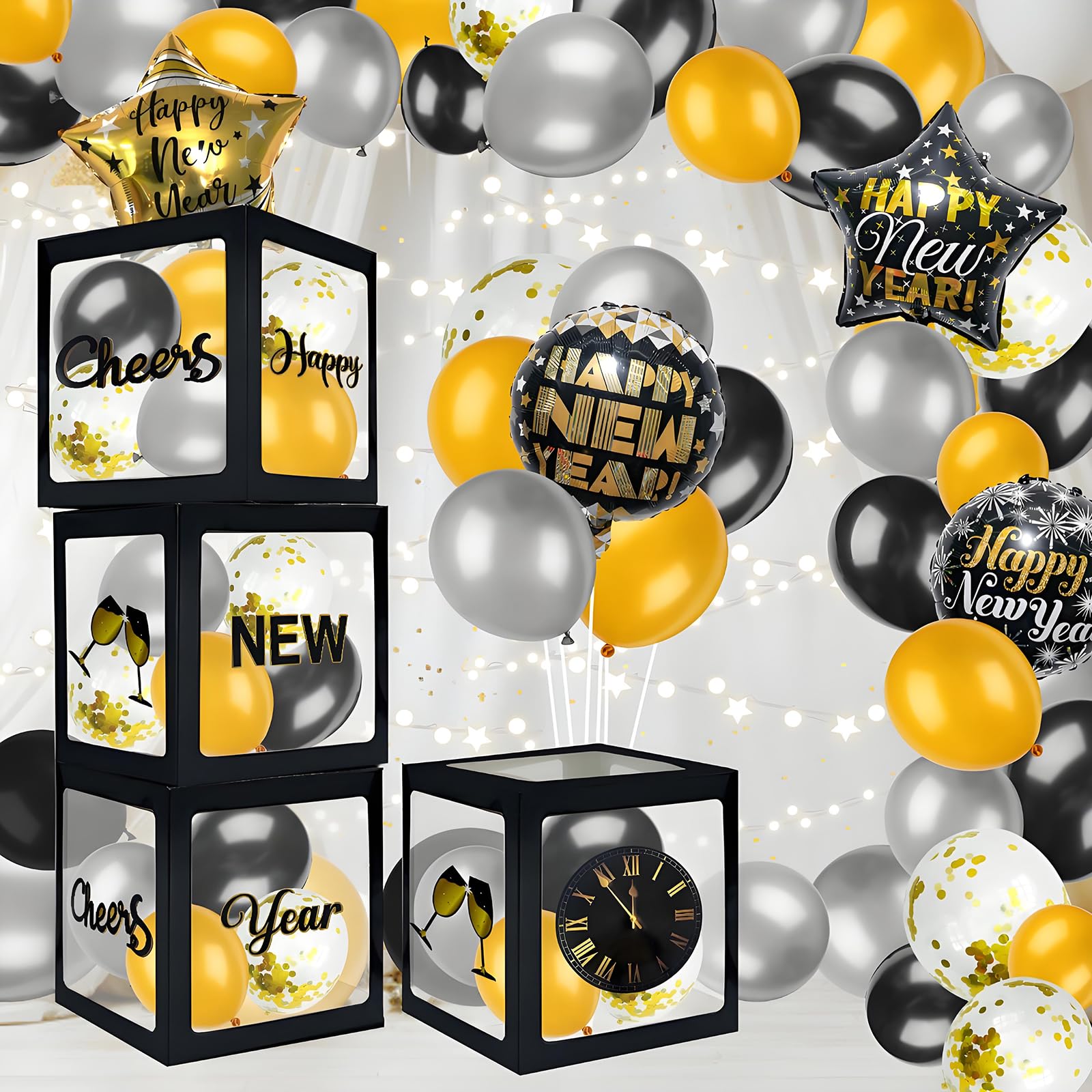 New Year's Eve Party Supplies 2025 - Happy New Year Balloon Boxes with Black & Gold Aluminum Foil & Latex Balloons for Birthday Party Decor