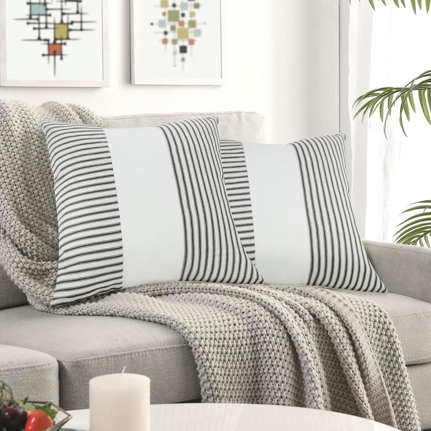 Farmhouse Pillow Covers 18x18, Boho Modern Accent Square Throw Pillow Covers Set of 2, Black and White Striped Patchwork Linen Decorative Pillows Cushion Covers for Couch Chair Bedroom - Image 2