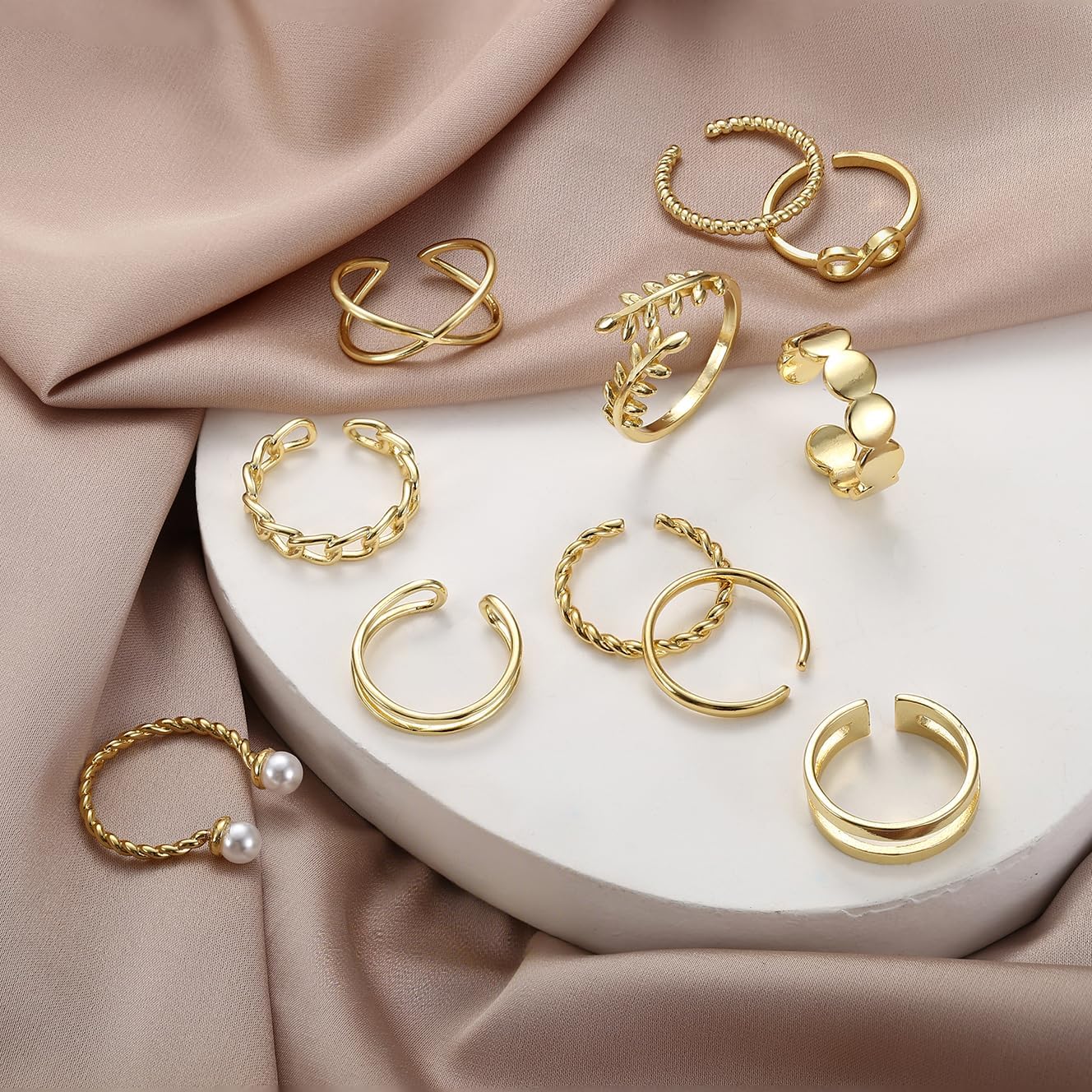 IRONBOX 12 Pcs Adjustable Knuckle Rings for Women 14K Gold Plated Stacking Rings Pack Wave Star Moon Dainty Thumb Open Rings Set - Image 2