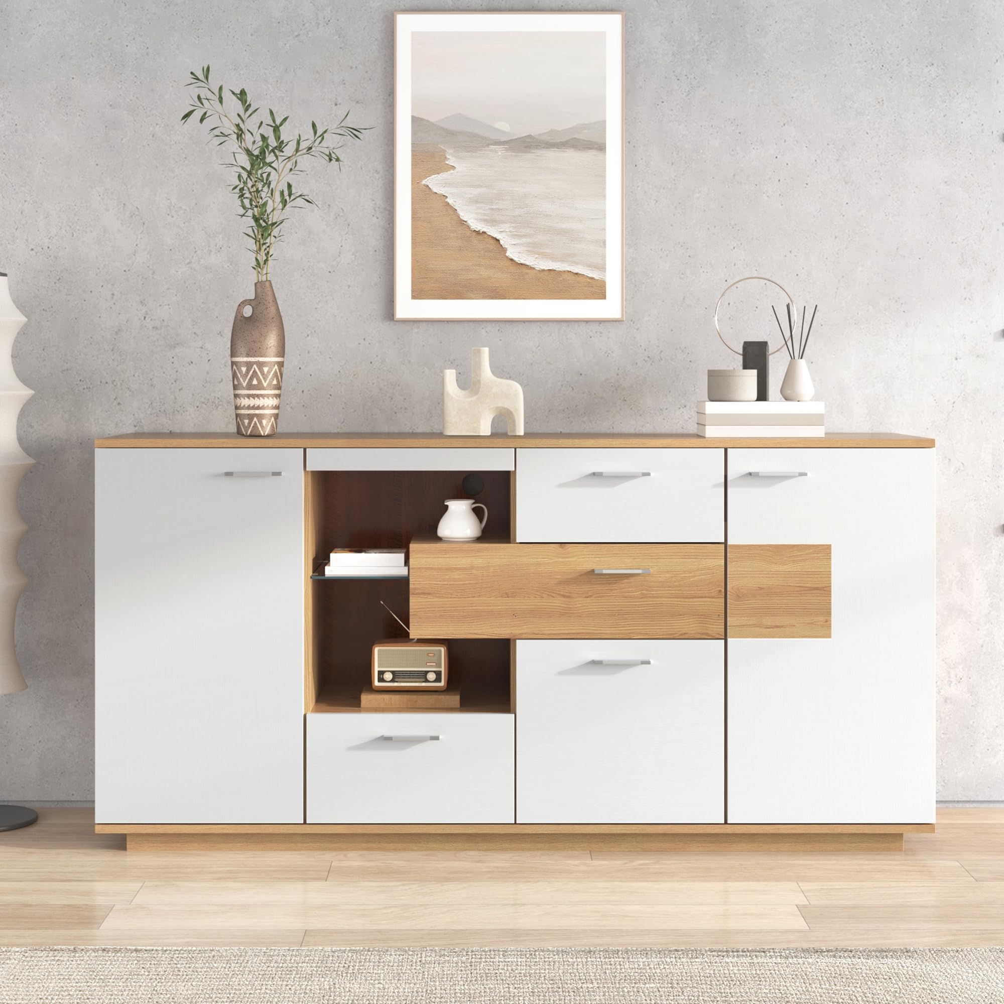LAKFEW Aparadores para Salon con LED y Estante de Cristal, Aparador Salon con 4 Cajones y 2 Puertas, Aparador Entrada, Muebles de Salon Mueble Auxiliar Salón, 160x40x77 cm, Color Madera+Blanco