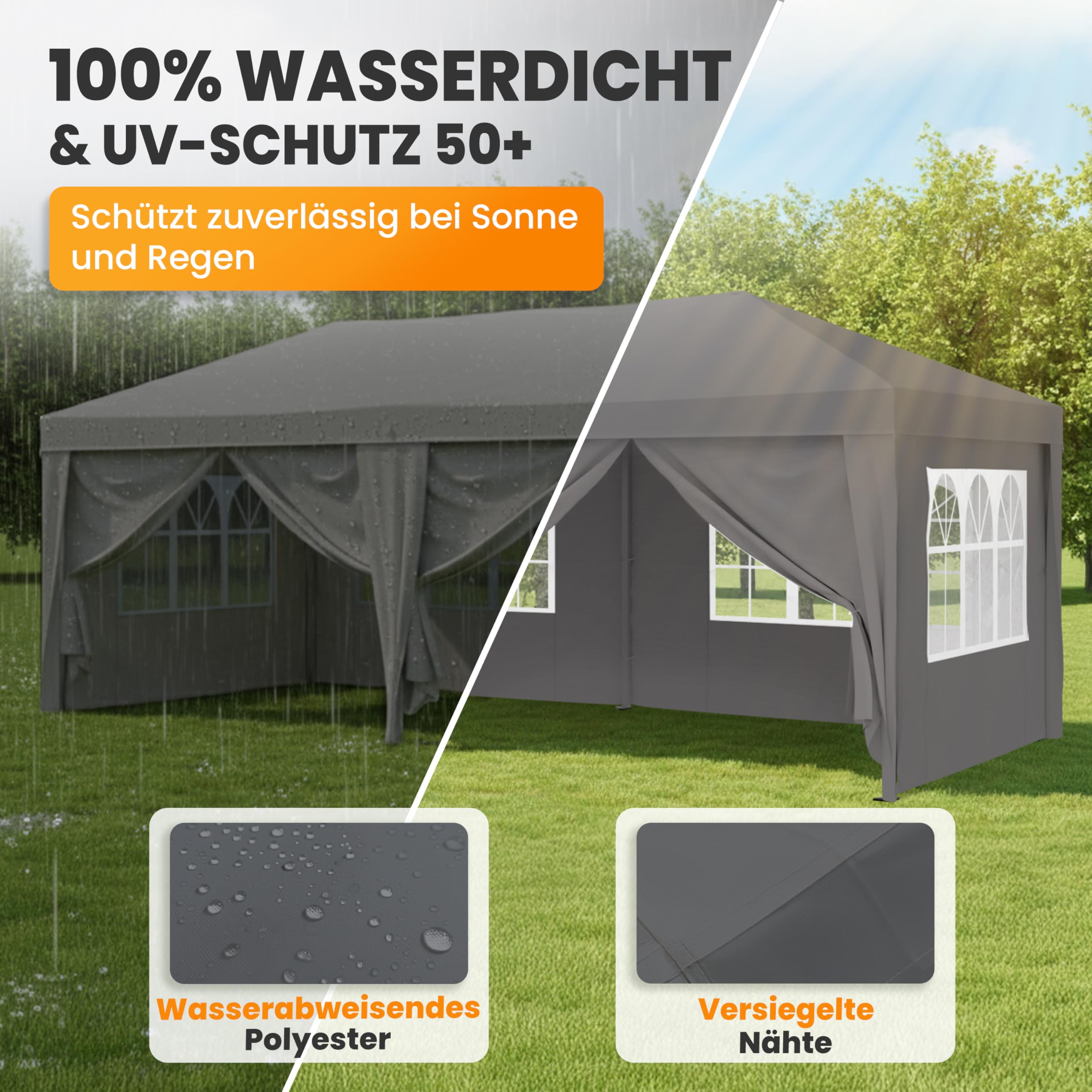 NATURIZ® Pavillon 3x6 Wasserdicht, Stabil und UV 50+ Schutz - Faltpavillon mit Seitenwänden hochwertig- Pop Up Zelt für Garten, Camping, Märkte - Partyzelt, Gartenpavillon, Gartenzelt (Grau, 3x6m)