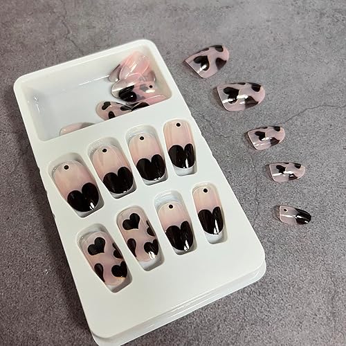 Miniatura 5 de Uñas postizas a presión para el día de San Valentín, uñas postizas cortas de almendra, corazón negro, punta francesa, uñas postizas acrílicas con