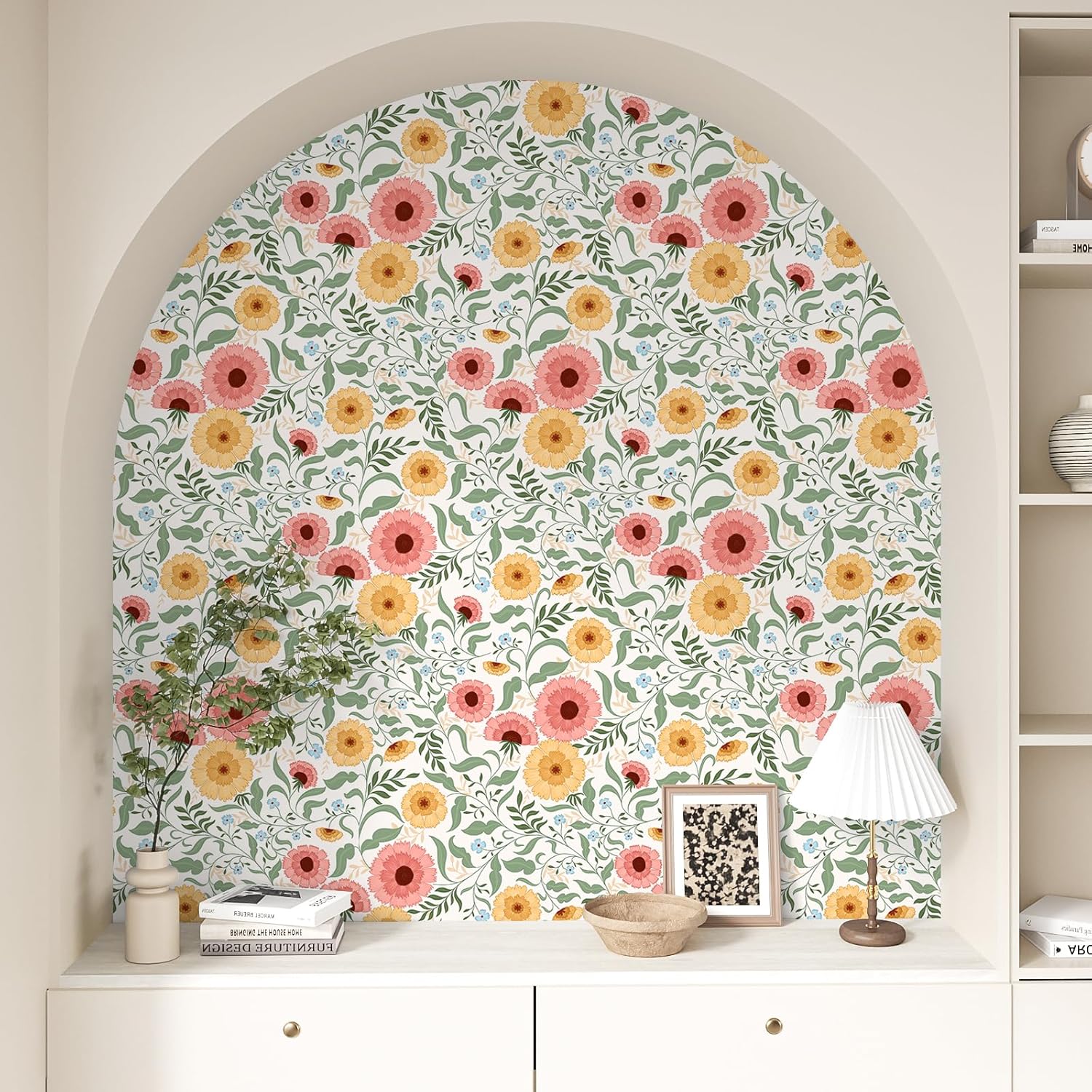 VEELIKE Vintage Aster Floral Peel and Stick Wallpaper Boho Yellow Pink Floral Wallpaper Removable Botanical Wallpaper 17.7''x354'' Prepasted Flower Wallpaper Stick and Pee for Girls Bedroom Nursery