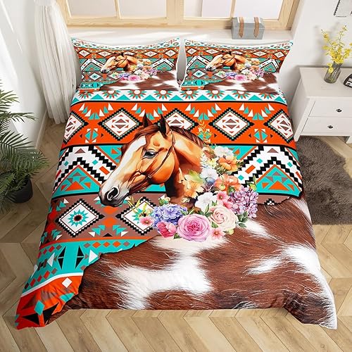Manfei Juego de funda de edredón de caballo, tamaño matrimonial, juego de ropa de cama tribal nativo americano de 3 piezas para decoración de