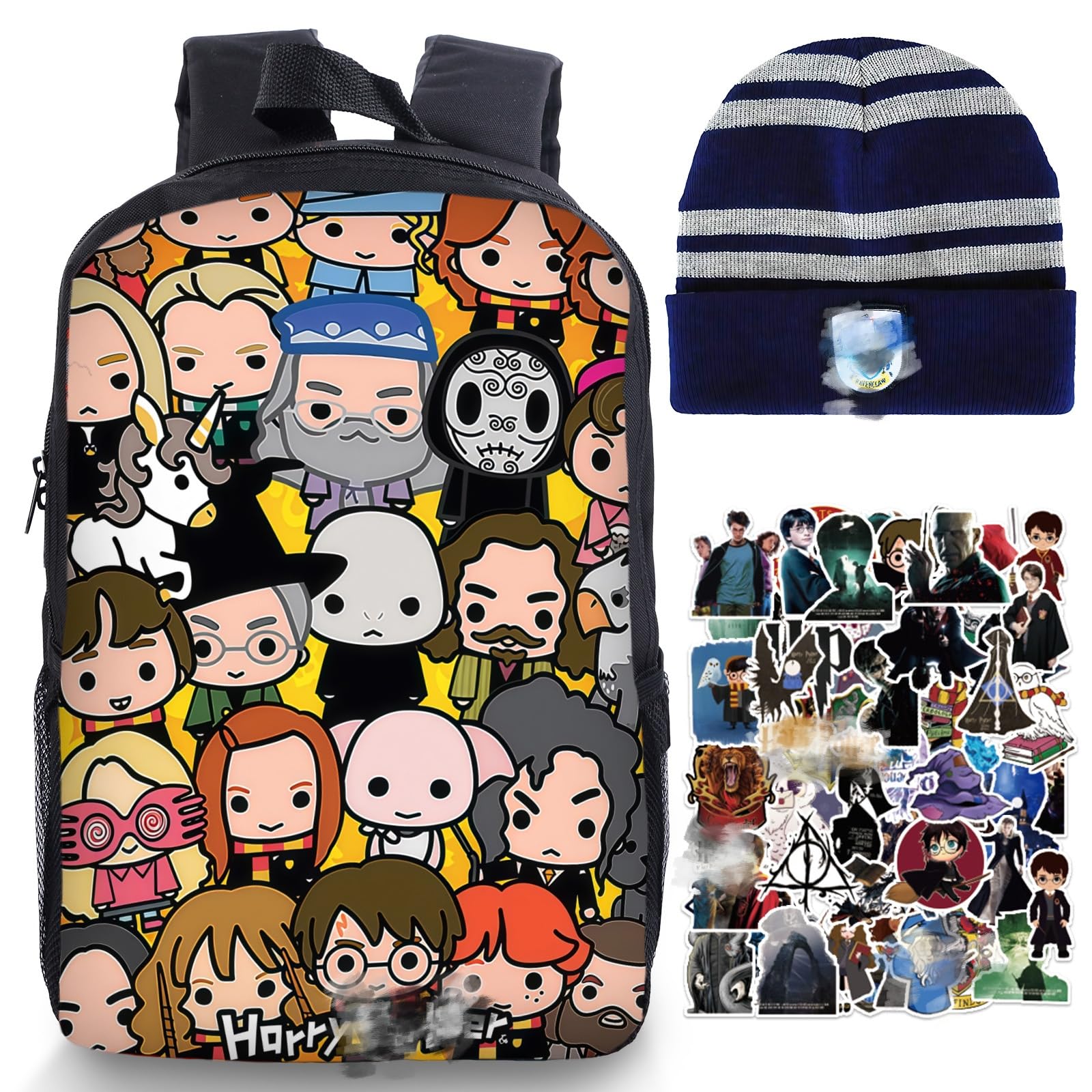 School Bag, Cute School Backpack, Lightweight School Bags for Girls Boys, Kids Black Backpack Set with Hat, Stickers for Days Out Rucksack Casual Travel Vacation Bag