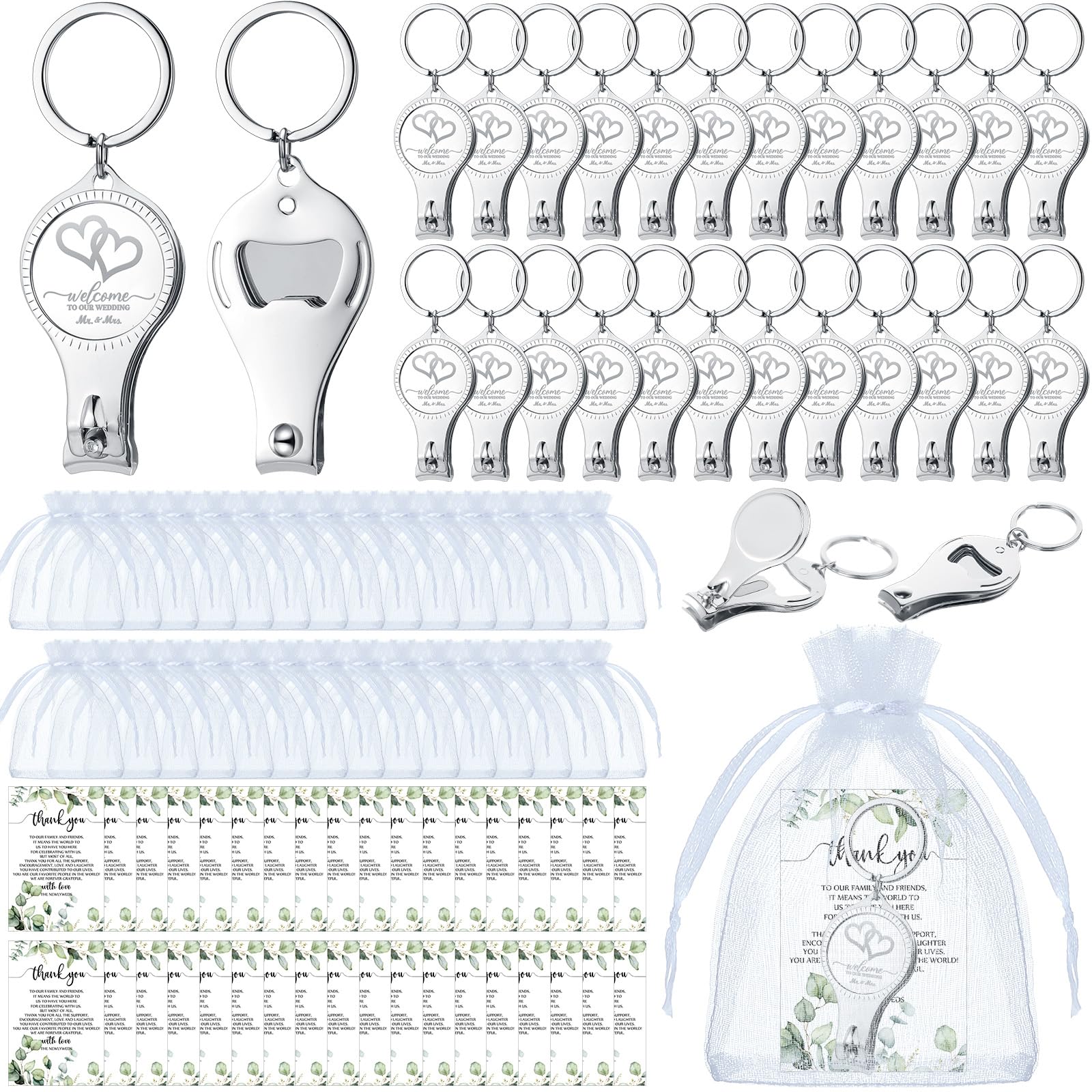 Fulmoon Wedding Multi Function Bottle Opener Nail Clipper Wedding Favors Brewery Cards White Organza Bags for Party Supplies Gift Souvenir Guests Men