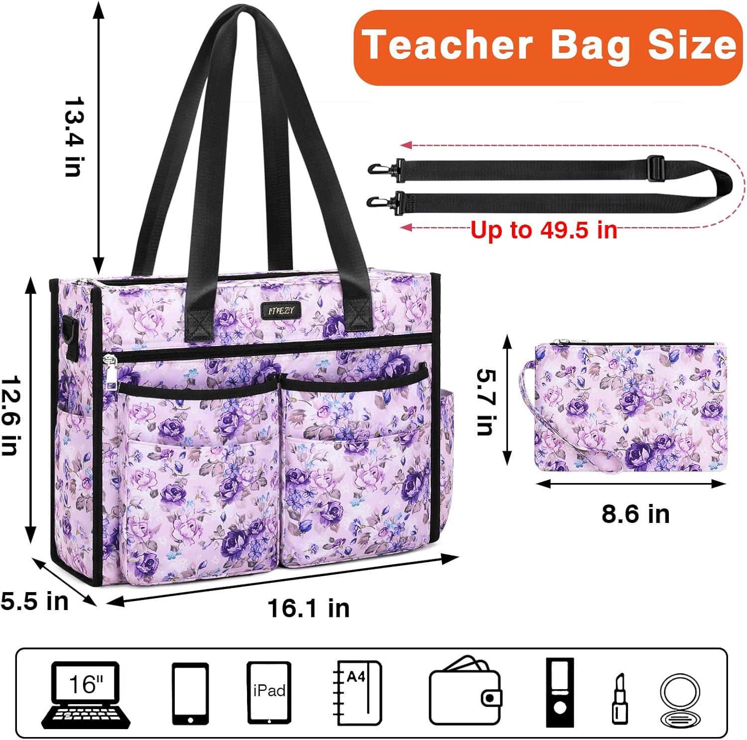 ITIEZY Utility Tote Bag for Women with 15/18 Pockets - Large Teacher Tote Bag with Zipper Compartment Nurse Bags for Work - Image 2