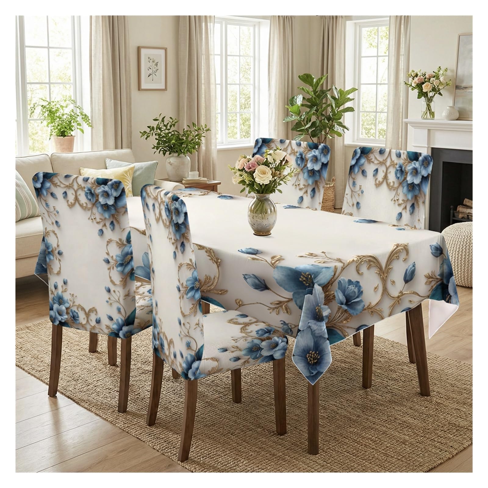BOSUYBN Elegant Blue Floral Damask Dining Tablecloth & Chair Cover Set, 5/7 Piece Gold Symmetrical Pattern Refined Home Dining Decor Table Setting(5pcs Set: Tablecloth+Chair Covers)