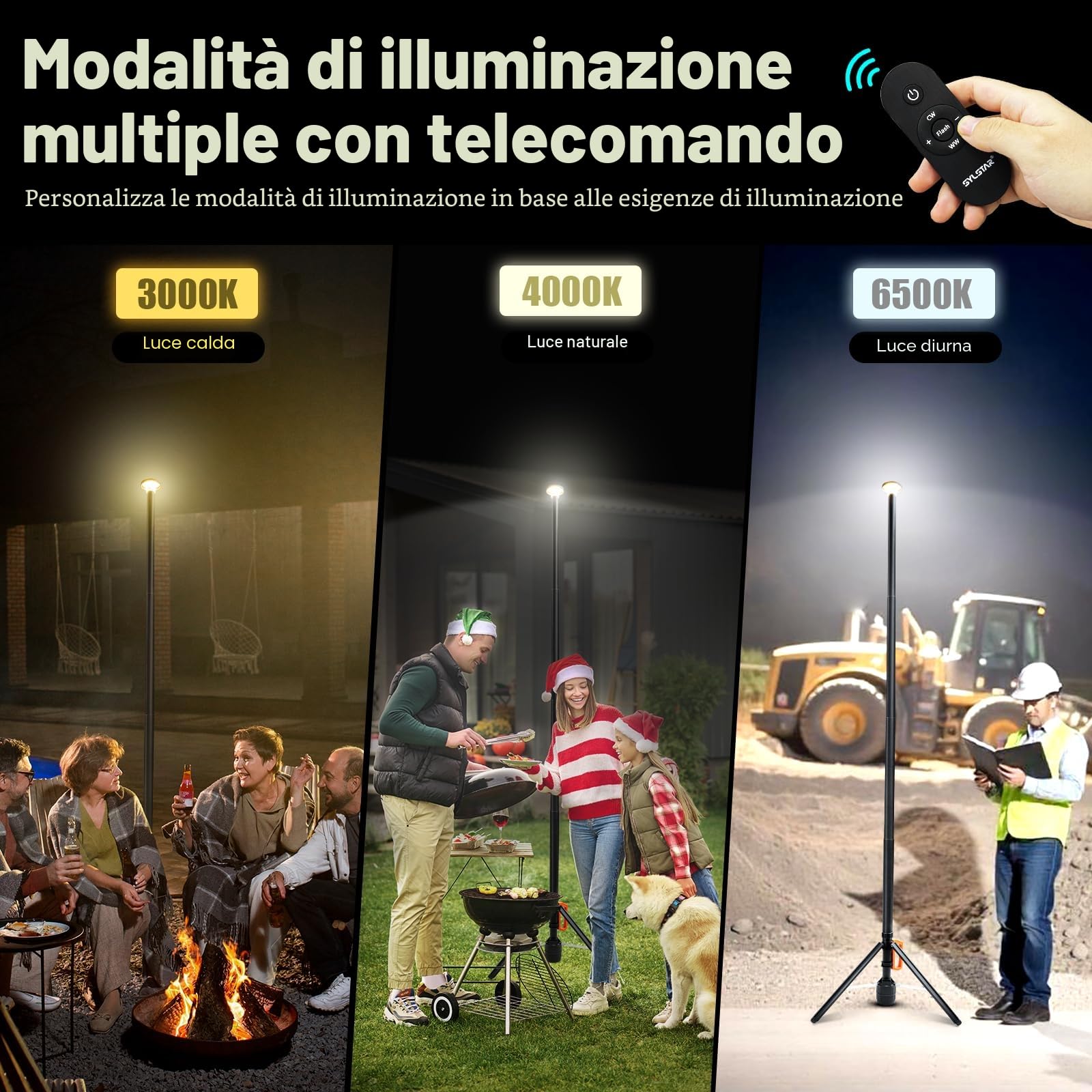 SYLSTAR Faro LED Ricaricabile con Telecomando e Treppiede Telescopico (2,65 m), 3000LM Ultra Luminoso Faretto a Batteria, 3CCT Regolabile, Faro da Cantiere per Officine Sport Campeggio Emergenze