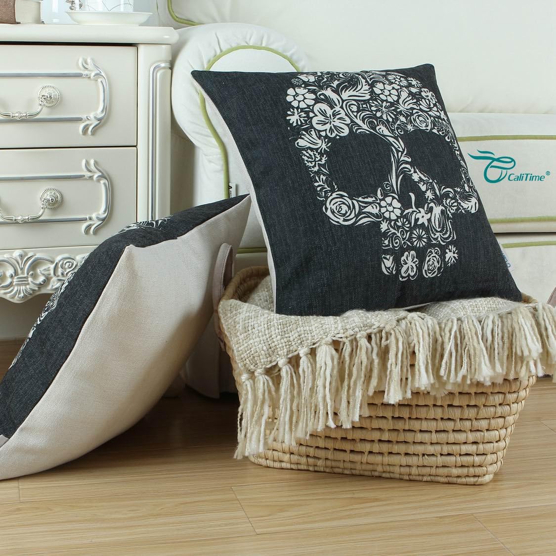 CaliTime Canvas Throw Pillow Case Shell for Couch Bed Home Decoration Halloween Floral Skull 18 X 18 Inches Black