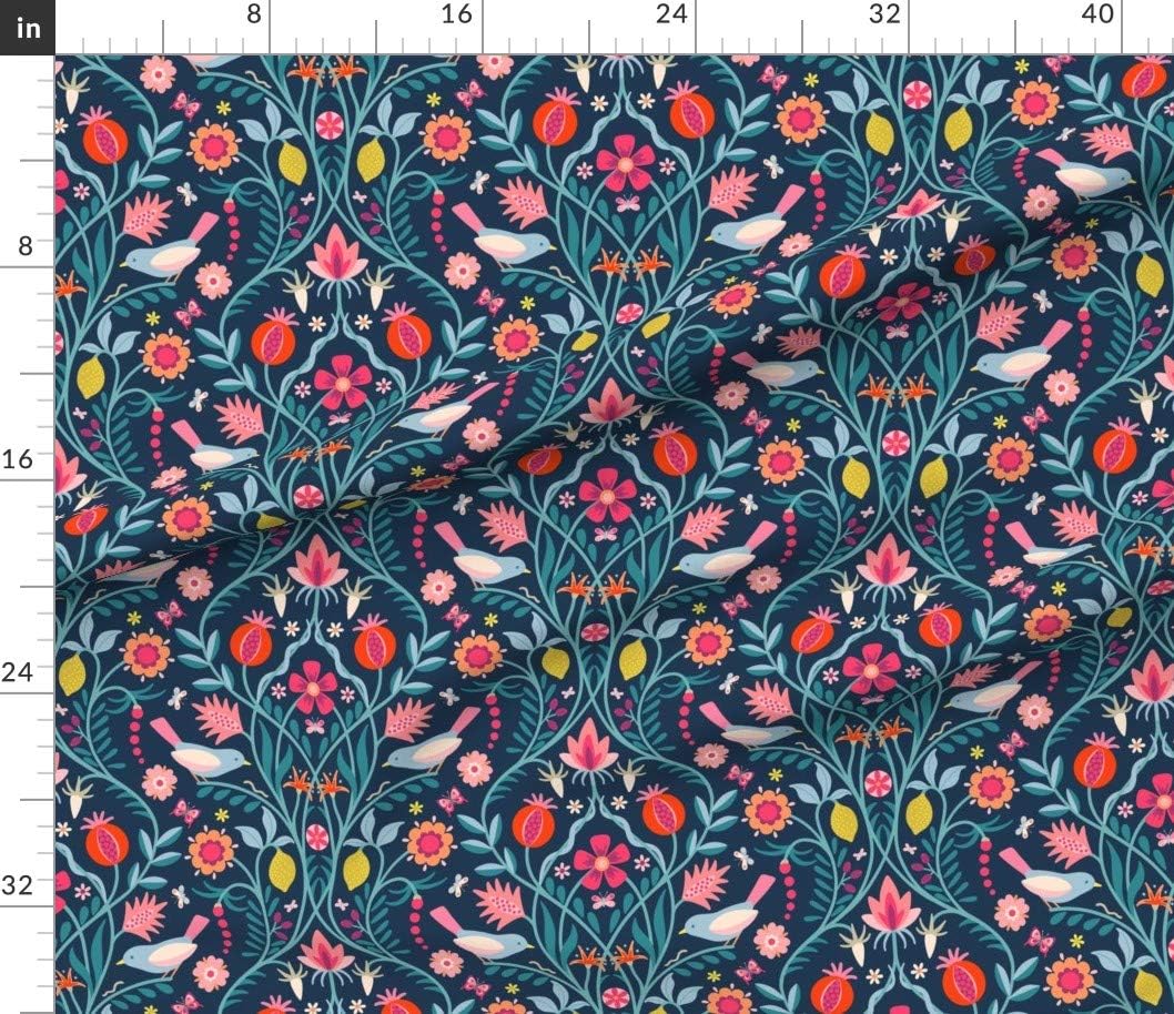 Spoonflower Fabric - Modern Damask Pink Blue Bird Butterflies Red Floral Fruit Folk Art Printed on Cotton Poplin Fabric by The Yard - Sewing Shirting Quilting Dresses Apparel Crafts