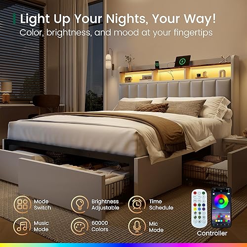 Miniatura 4 de Base de cama Queen con cabecero, 4 cajones de almacenamiento y escritorio ajustable integrado, estación de carga, fácil montaje, no necesita somier,