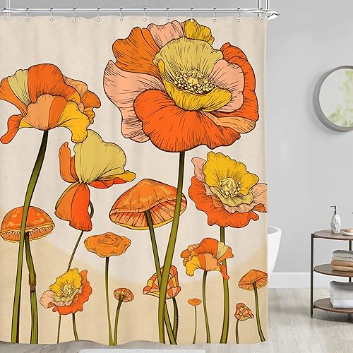 Riyidecor Cortina de ducha retro naranja con hongos florales de 60 x 72 pulgadas, 70, rústico, vintage, amarillo, estética abstracta, flores de