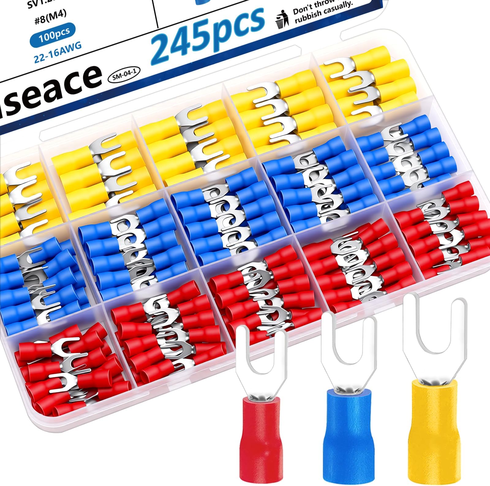 245PCS #8 Fork Spade Wire Connectors - 22-16/16-14/12-10 AWG M4 U-Type Electrical Crimp Terminals Tinned Red Copperctors Pack in Box