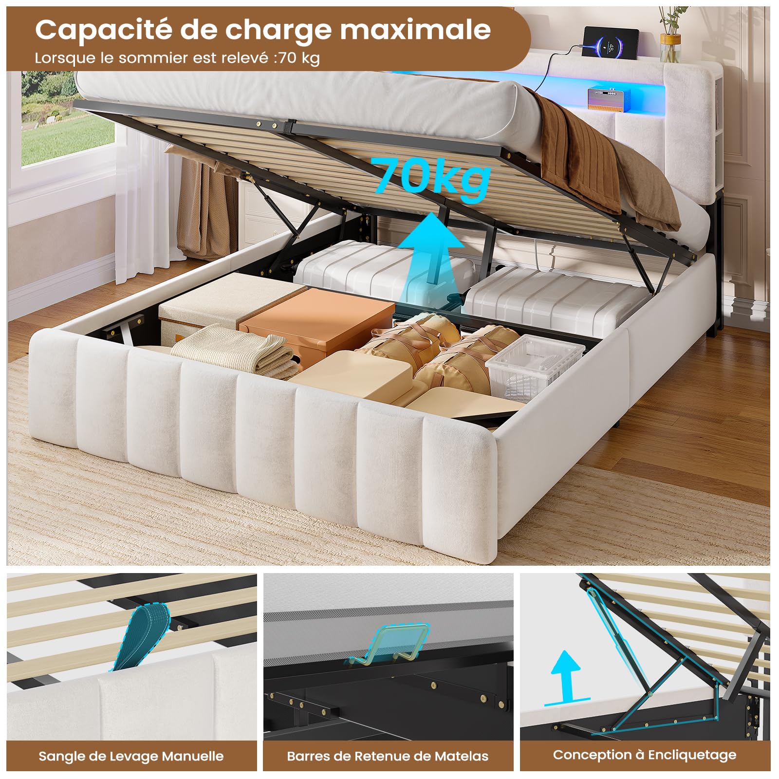 AOGLLATI Lit Coffre 140x190 avec Multiprise Intégrée | Lit 140x190 avec Sommier,Rangement Hydraulique,Éclairage LED,Capitonné en Velours Beige,2 Étagères, 4 Niches Ouvertes