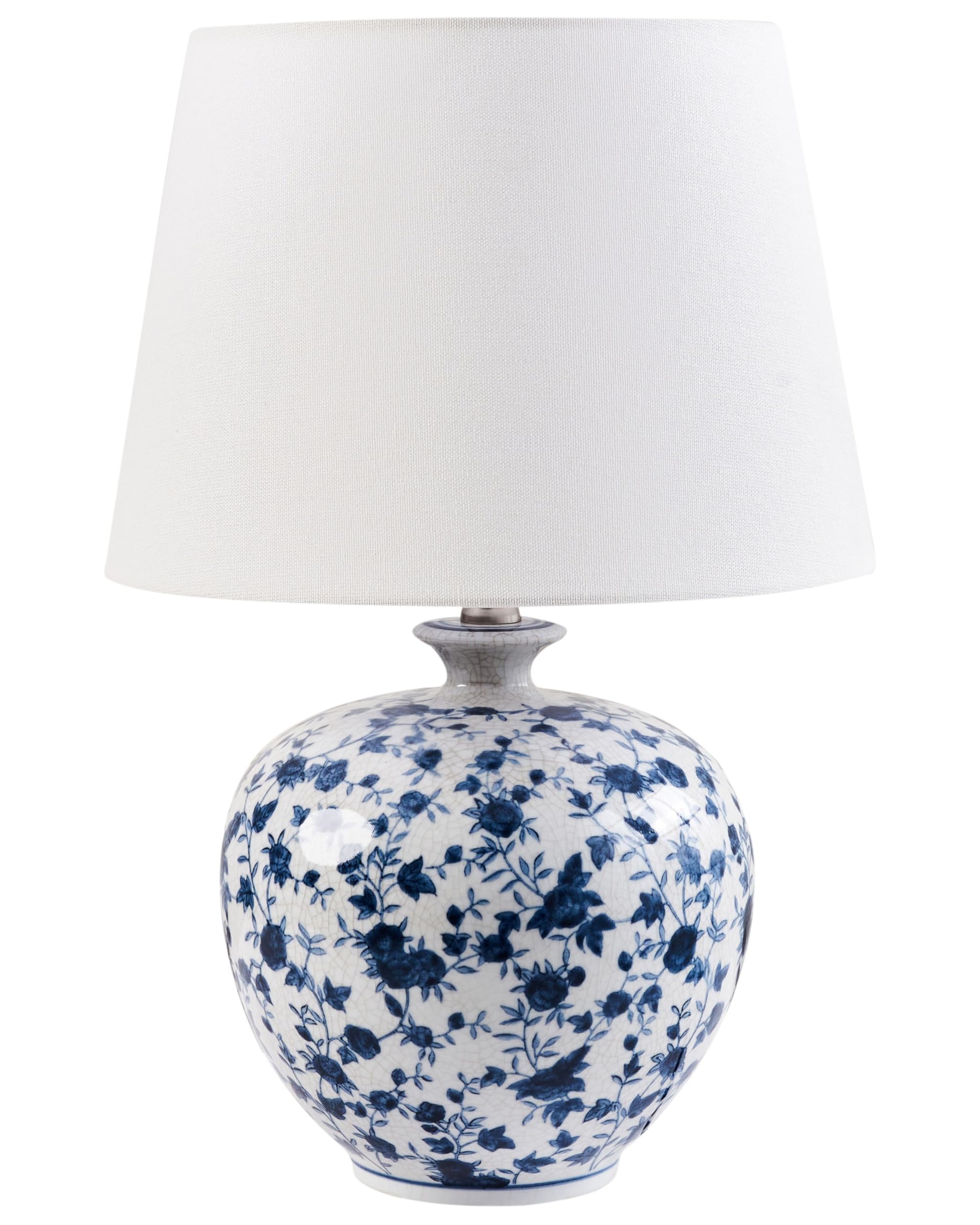 Stylish Table Lamp with a Floral Patten Porcelain Base Linen Drum Shade Lighting White and Blue Silves