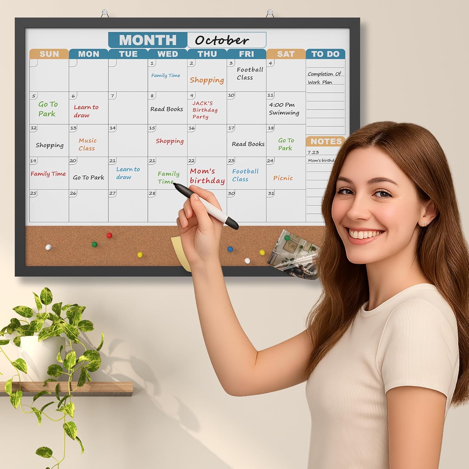 Monthly Calendar Dry Erase Board 24x18 Inch, Double-Sided Whiteboard and Corkboard Combo with Black MDF Frame (Color Calendar), Wall Mounted Planner with Marker, Magnet, Push Pin, Eraser