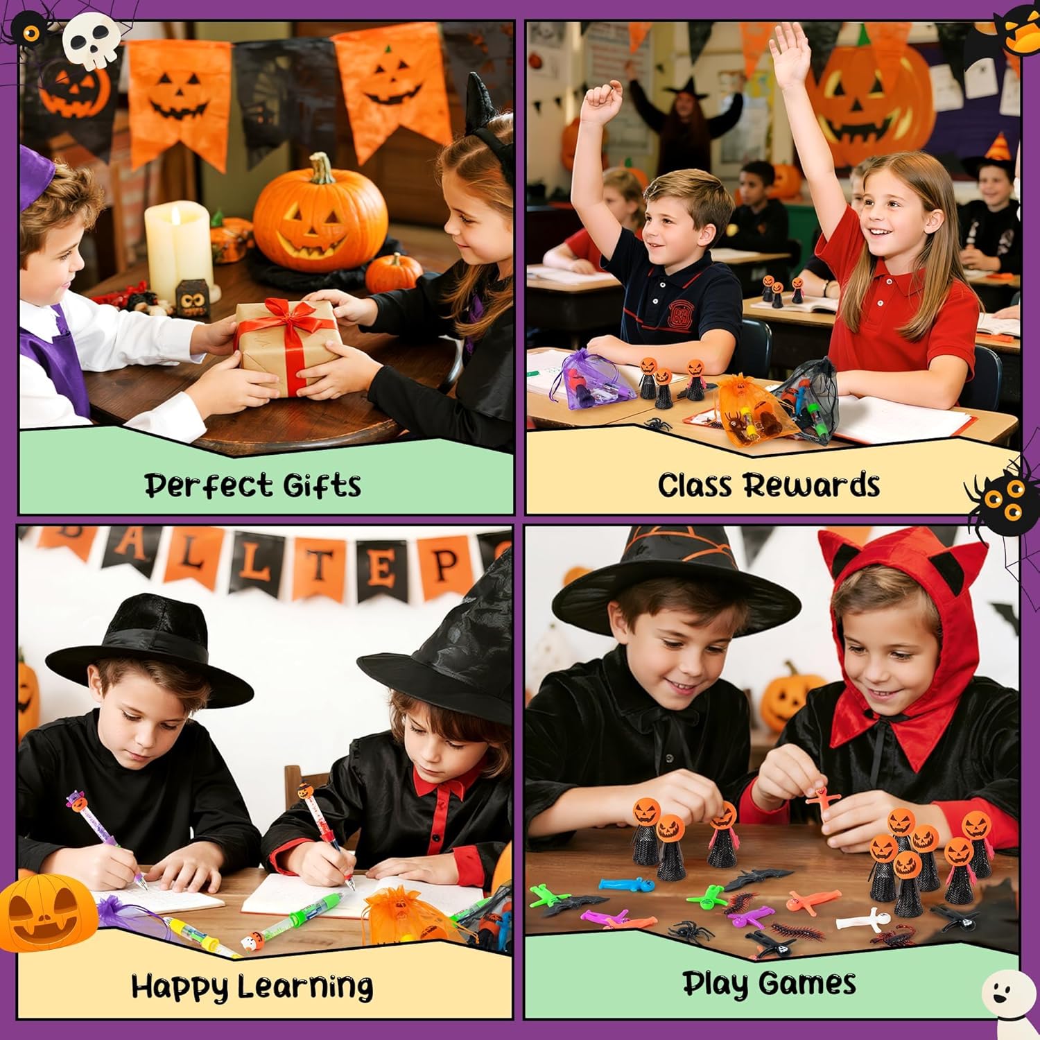 CY2SIDE Halloween Themed Party Favor - 12 Pack Halloween Glitter 4-in-1 Pumpkin Ballpoint Pen Jumping Popper Bouncy Bat Toy Figure StretchyMen Fidget Sticker and Organza Goodie Bag Filler Gift for Kid