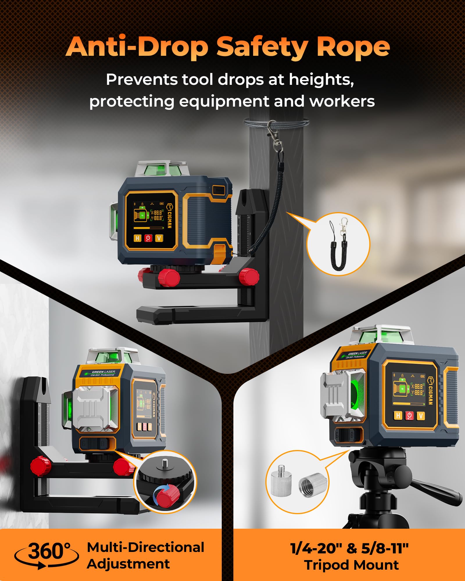 CIGMAN Niveau Laser 360 Autonivelant 3x360°, Laser Vert Chantier avec Grand Écran LCD Latéral, Contrôle APP Bluetooth, Support Magnétique en L, 2 Batteries Li-ion, Laser Niveau