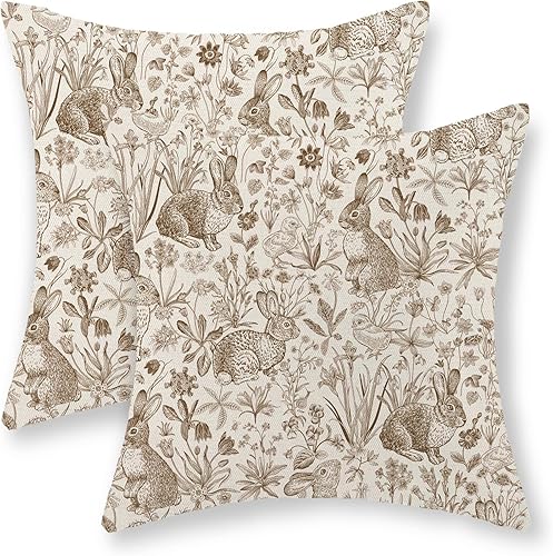 Juego de 2 fundas de almohada de color marrón primaveral de 16 x 16 pulgadas, diseño botánico de Pascua, conejito de Pascua, diseño botánico, fundas