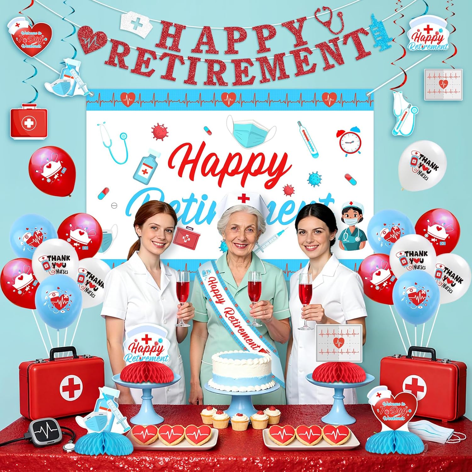 Nurse Retirement Party Decors Happy Retirement Backdrop Banner Sash Welcome to 7 Day Weekends Table Centerpiece Swirls Nurse Officially Retired Medical Staff Doctor RN Nursing Retired Party Supplies