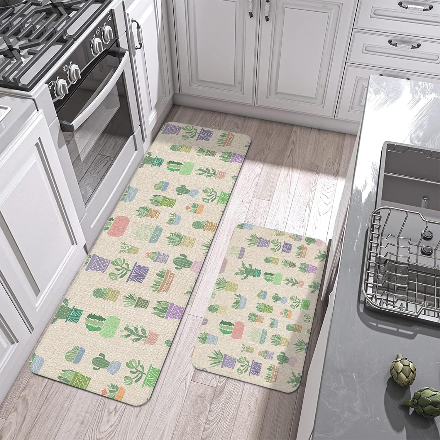 Prime Leader Summer Cactus Kitchen Mat Set 2 Pieces Succulents Green Plants Linen Style Non Slip Kitchen Rugs Washable Runner Rug Mats for Sink Laundry (23.6" x 35.4"+23.6" x 70.9")
