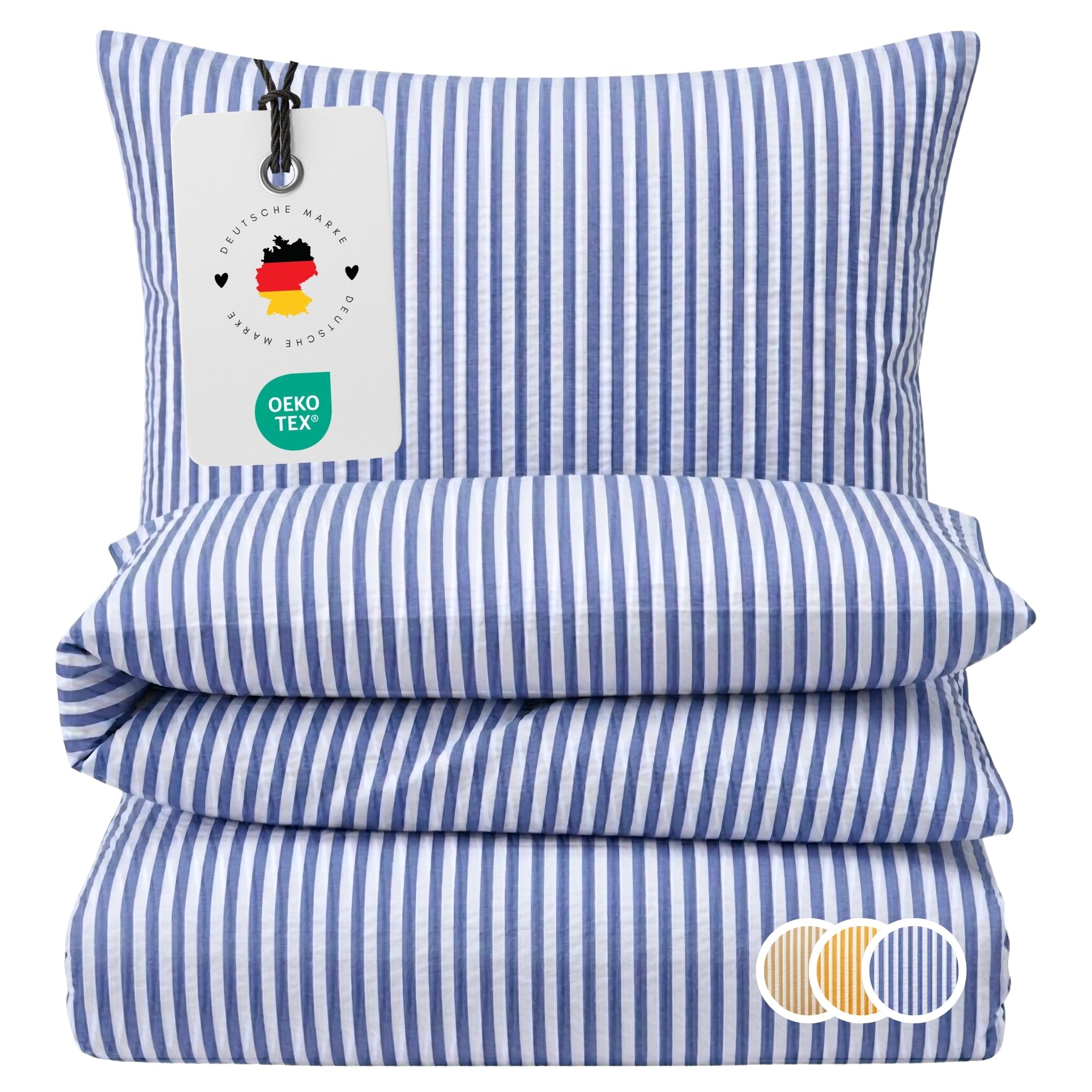 Carpe Sonno Seersucker Bettwäsche 135x200 Baumwolle [Bügelfrei] | Leicht kühlende Bettwäsche Seersucker 135x200 | Sommer Bettbezug 135 x 200 mit Streifen | Sommerbettwäsche gestreift Blau Weiß