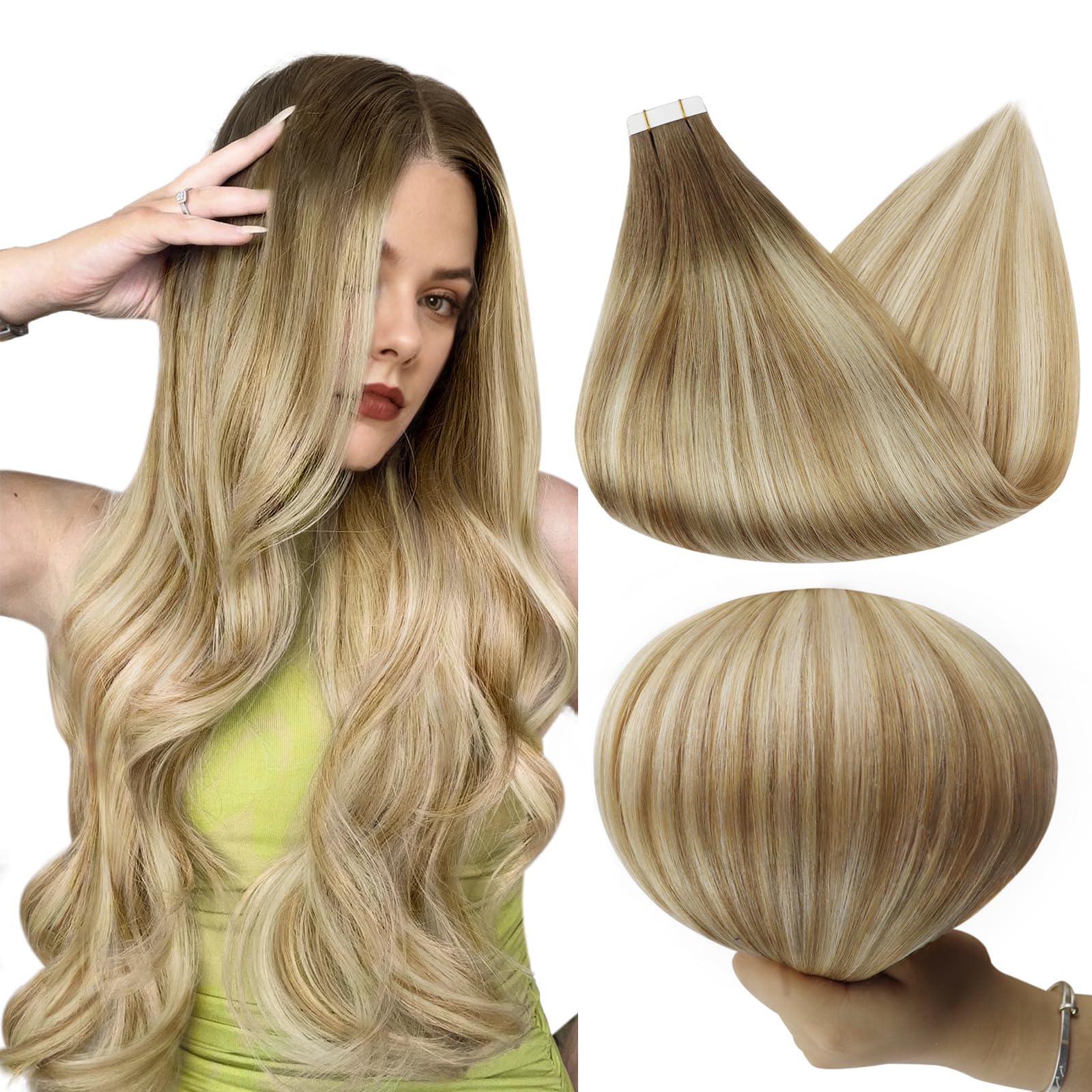 Full Shine Tape in Hair Extensions Human Hair 18 Inch Tape ins Human Hair Extensions Color 6 Chestnut Brown Fading to 27 and 60 Platinum Blonde
