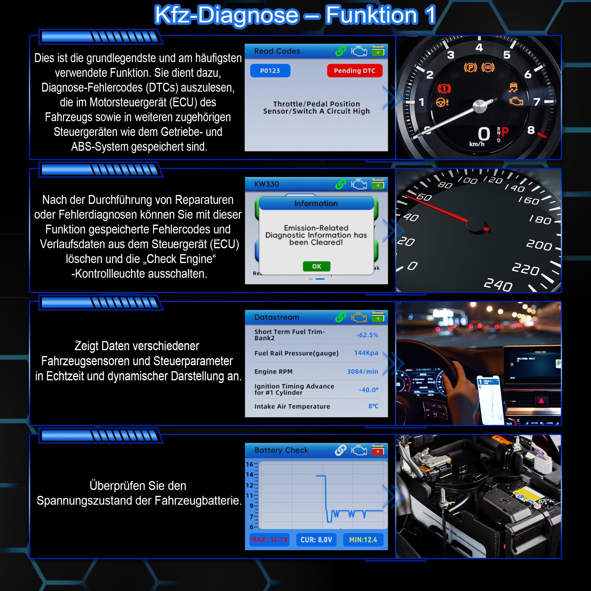 OBD2 Auto Diagnosegerät ,KFZ Auslesegerät mit Batterie Test & DTC Bibliothek, OBDII/EOBD Scanner mit Vollständigen Funktionen, Diagnosegerät Mit Alle Systemdiagnosen,Kompatibel mit OBD2 Fahrzeugen