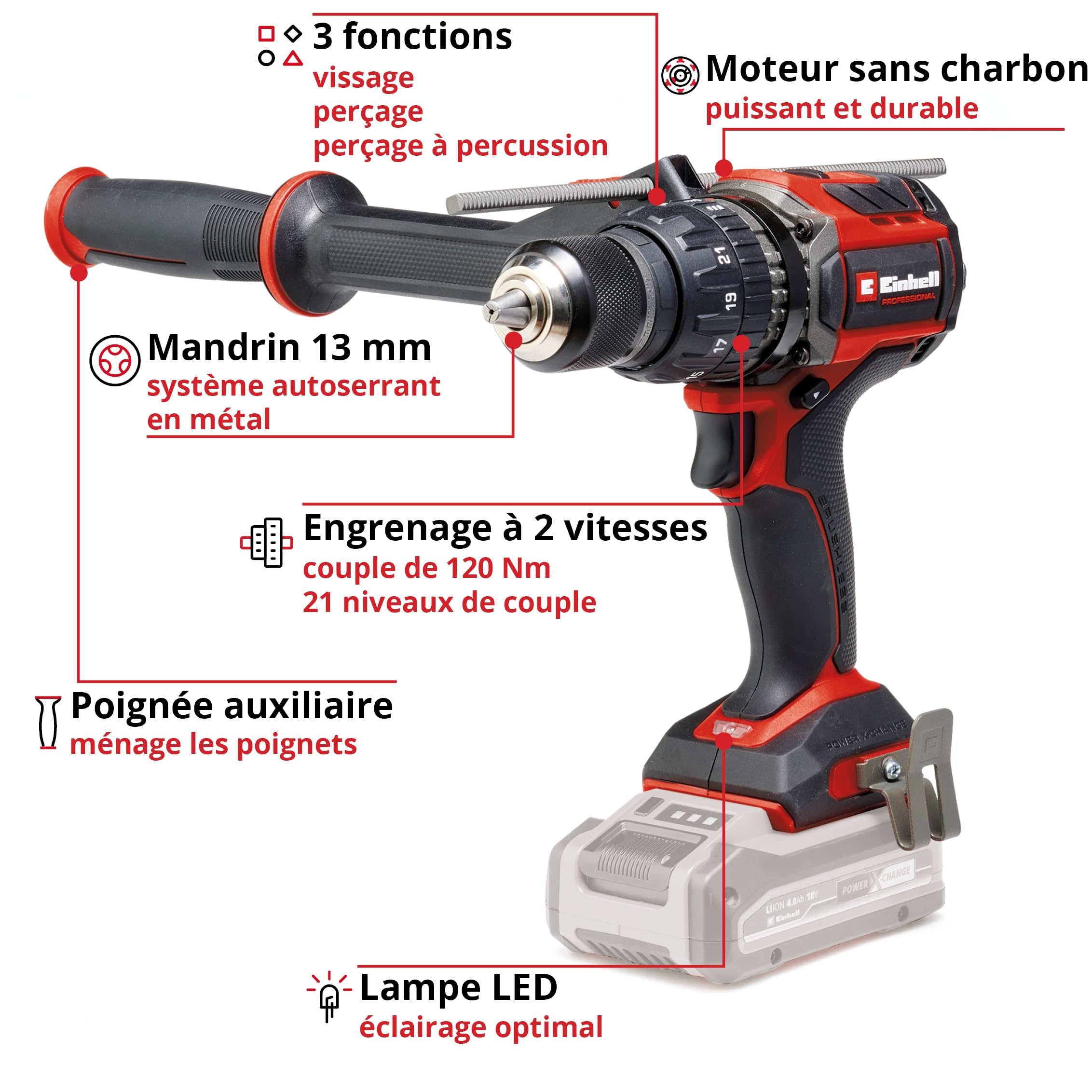 Einhell Professional Perceuse Visseuse à percussion sans fil TP-CD 18/120 Li-i BL - Solo Power X-Change (18V, moteur Brushless, 120 Nm, Mandrin 13mm) Livré sans batterie ni chargeur