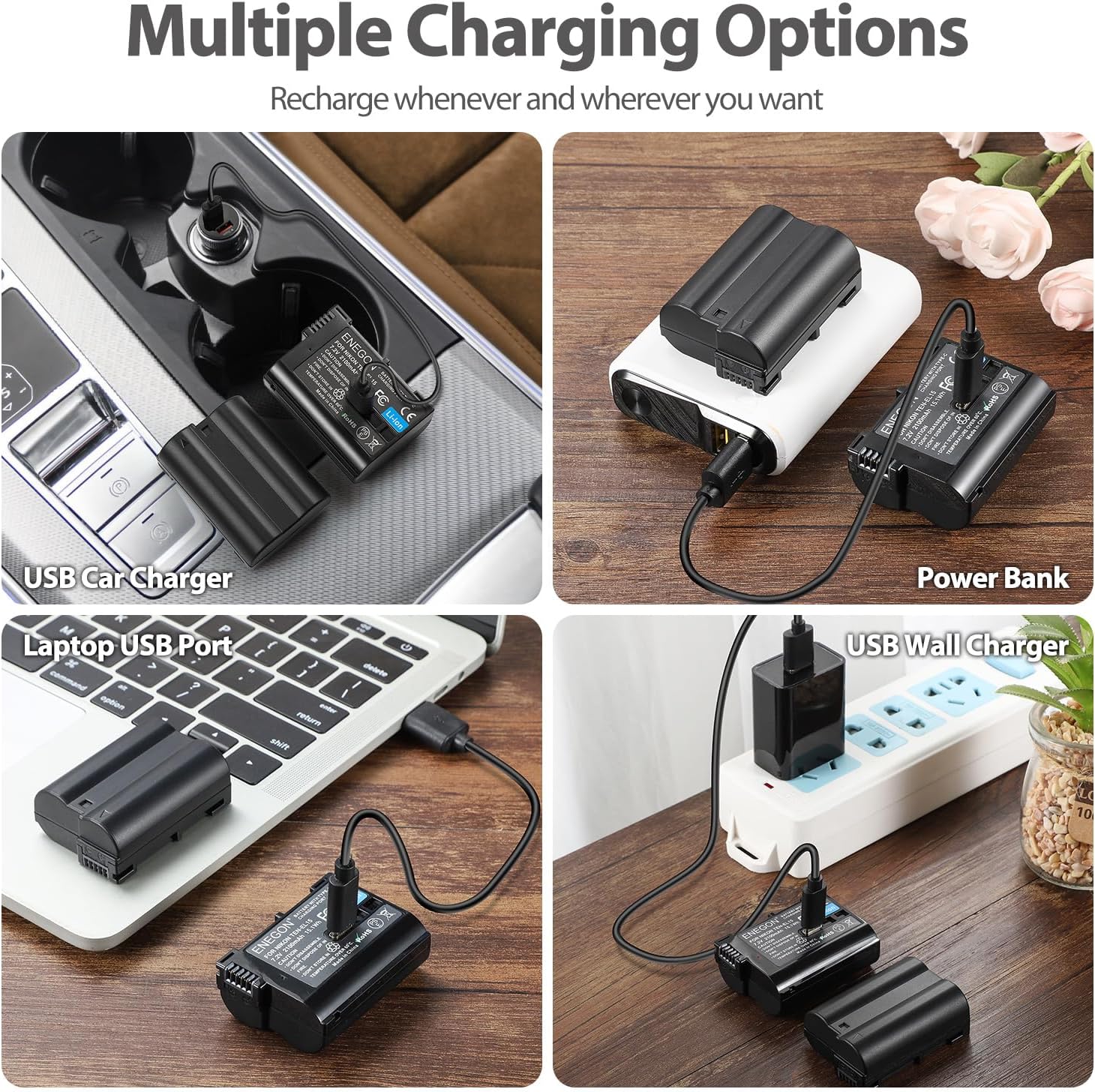 Four images showing different charging methods for ENEGON EN-EL15C batteries: USB car charger, power bank, laptop USB port, and USB wall charger.