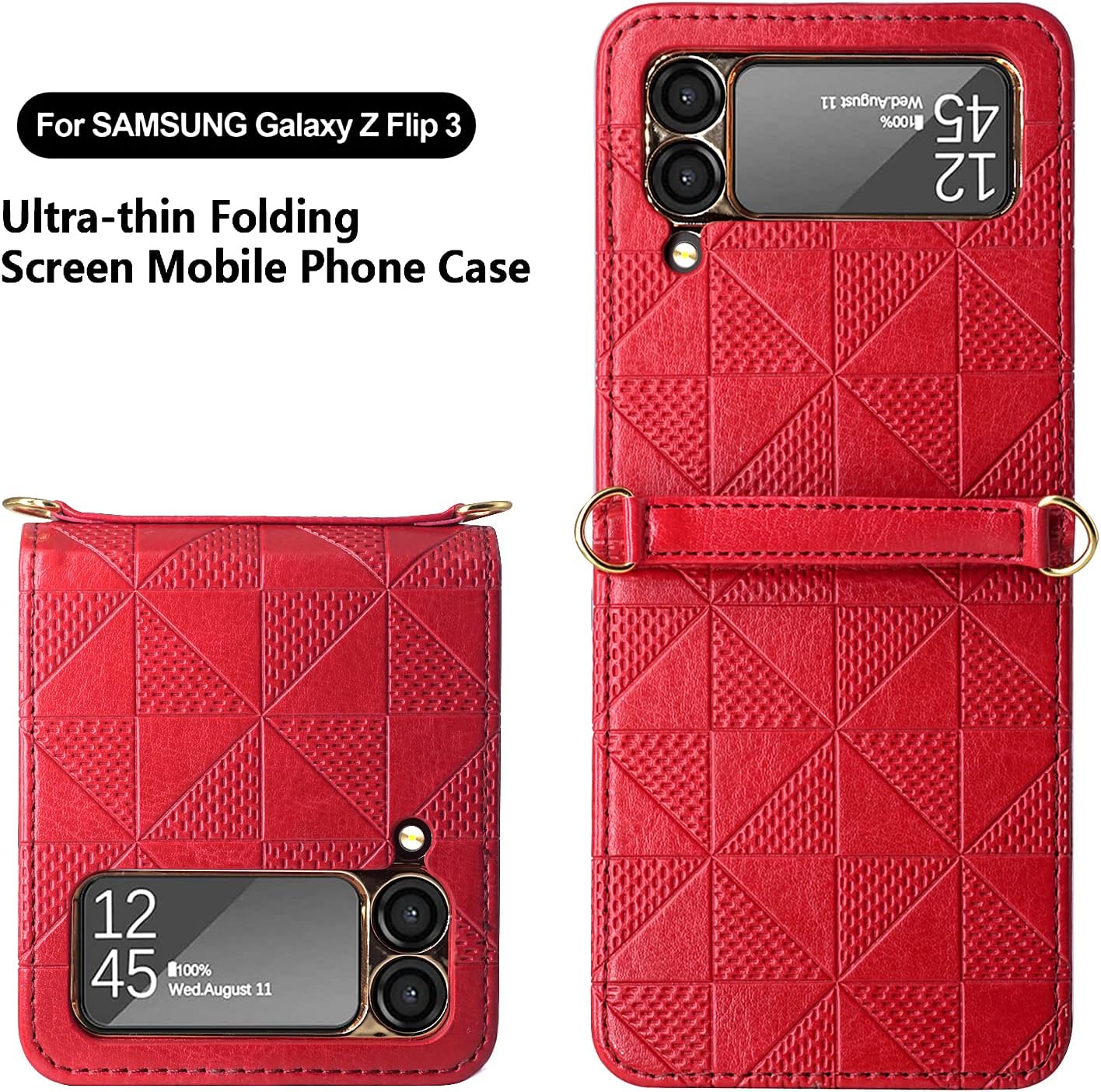 Yatchen Luxury Case for Samsung Galaxy Z Flip 3, Beautiful Rhombus Pattern Leather Case Gold Plating Hard PC Bumper Protector with Lanyard Chain Strap for Galaxy Z Flip 3 Girls Women White