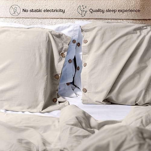 Miniatura 5 de Lavien Home, %100% Juego de funda de edredón de lino de algodón lavado natural, color gris, tamaño individual, transpirable y suave, cierre de