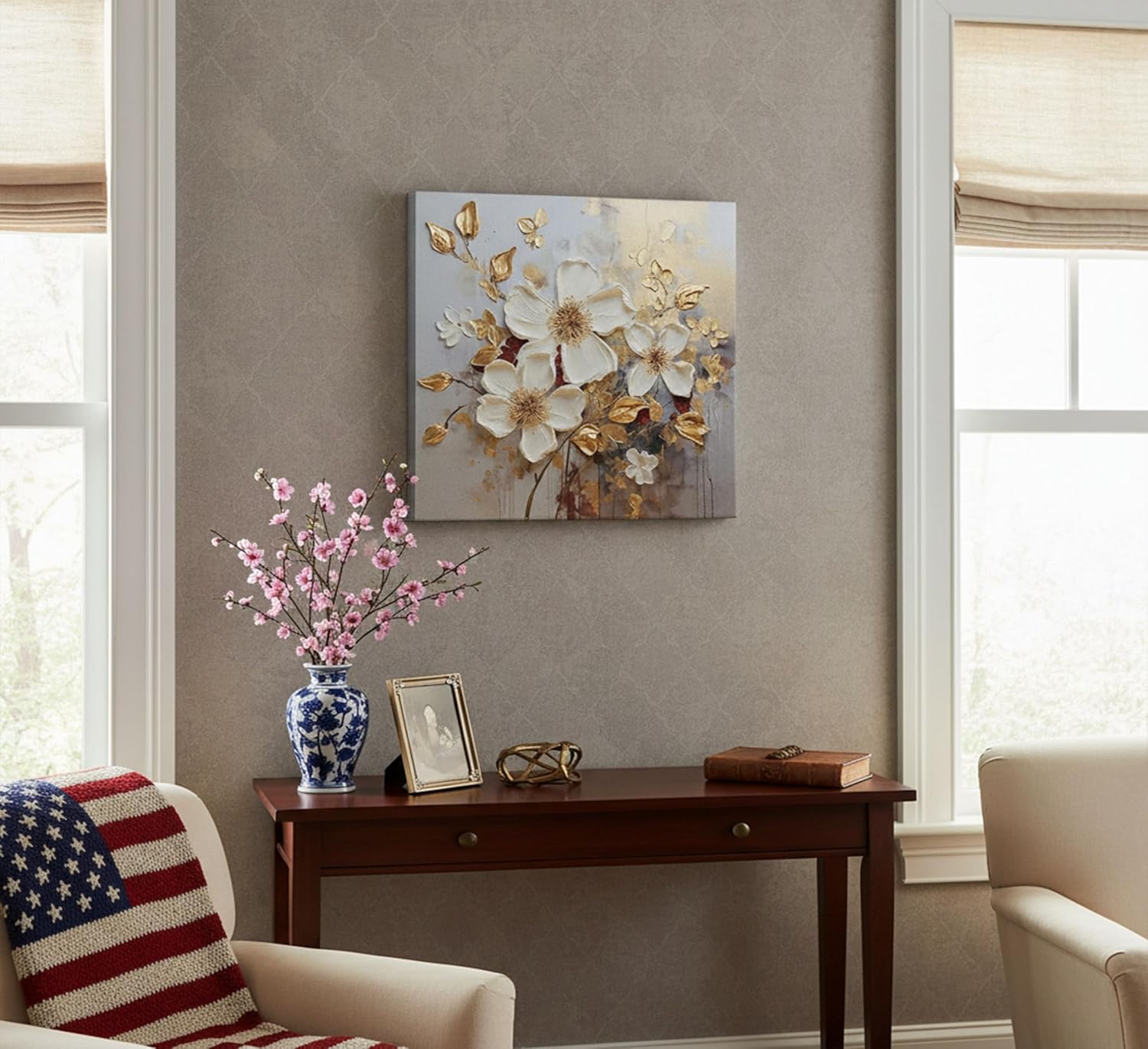 Abstract White Gold Flower Canvas Wall Art Modern Elegant Gold Leaf Floral Botanical Paintings Pictures Wall Decor Poster Print Artwork for Living Room Bedroom Home Decoration