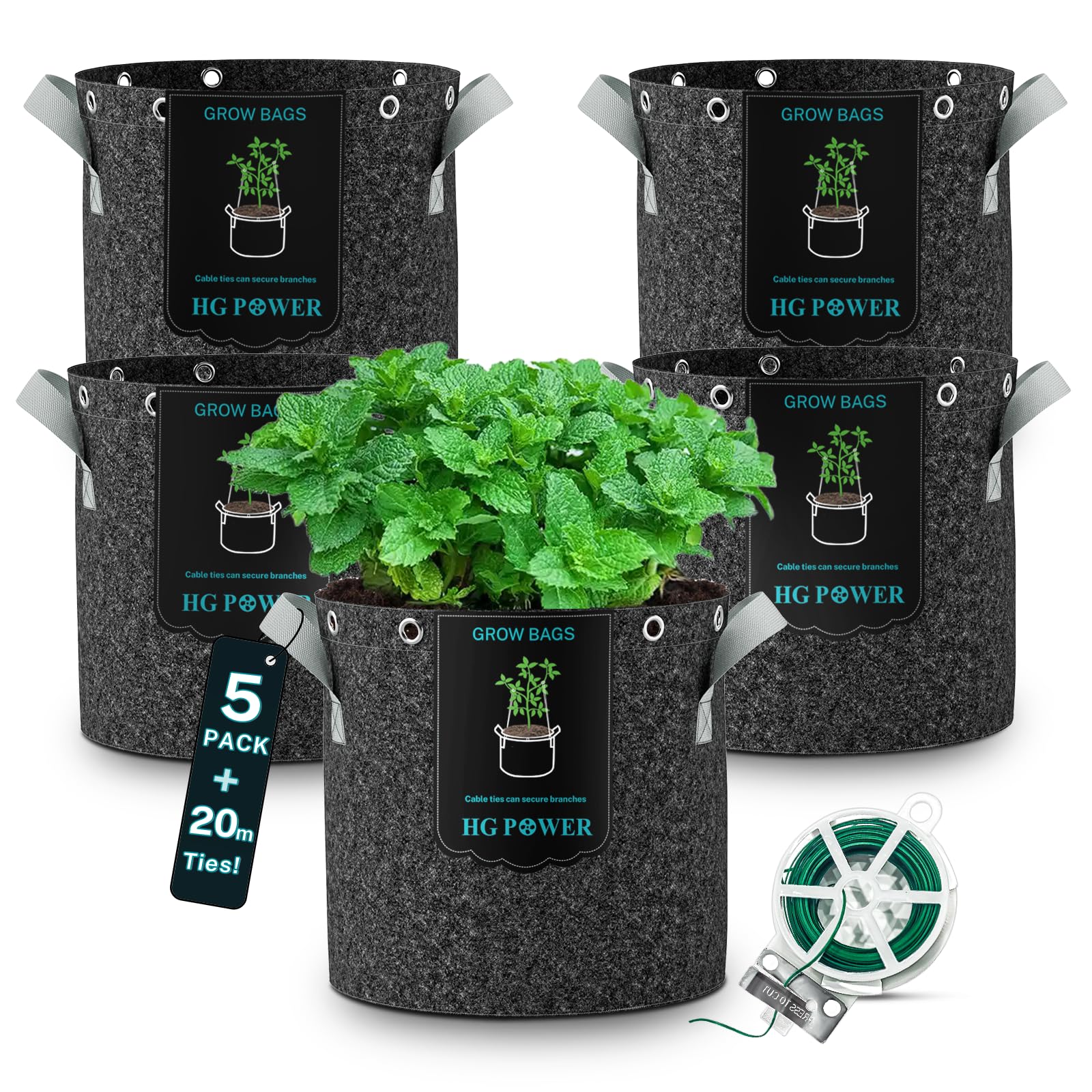 HG Power Sacco da Giardino 26L (25L + 4% Volume Extra), 5 Pezzi, Vaso in Tessuto con 20m di Filo per Piante, Ø33cm, Altezza 31,5cm – Tessuto Non Tessuto 350g/m², Resistente