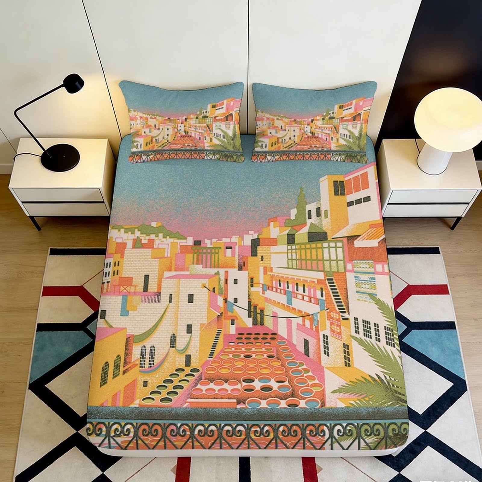 3D Printed Mediterranean Village Fitted Sheet Microfiber Soft Durable Cityscape Bed Cover for Bedroom Dormitory Guest Room Mattress Protection 120x200x25cm