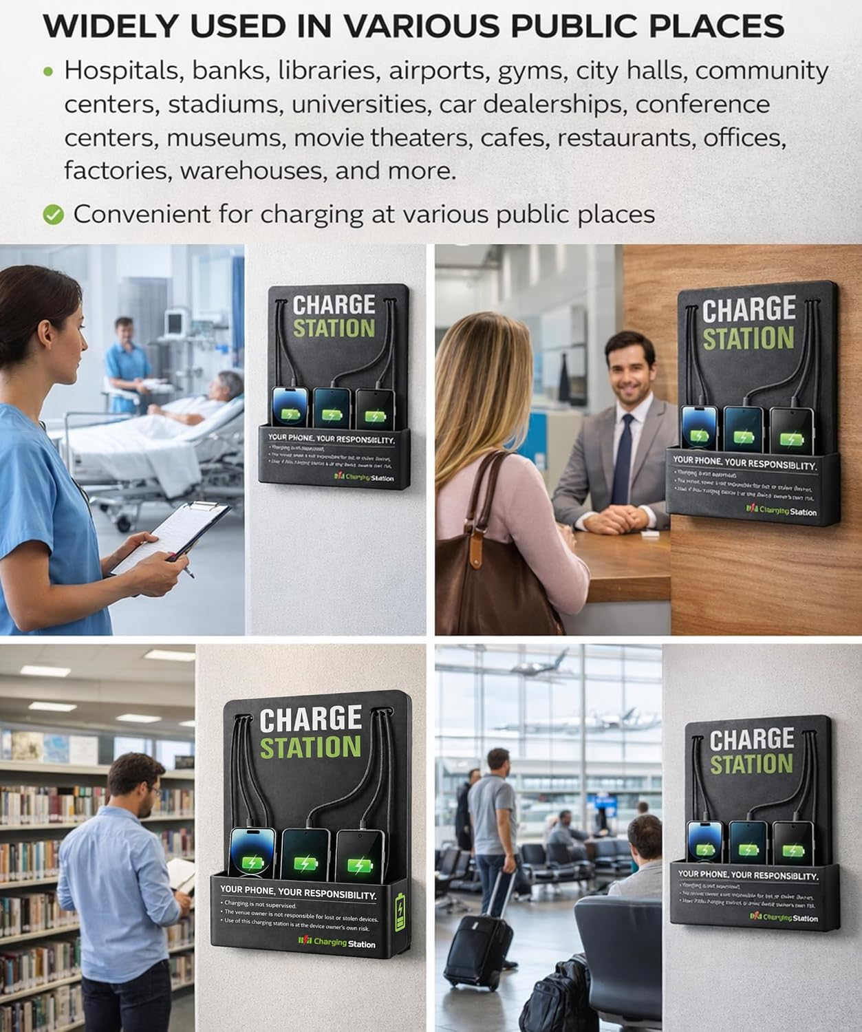 Commercial Wall Mounted Cell Phone Charging Station, 6-Port Fast Charger with Type-C Lightning and Micro USB Ports, Multi-Device Charger for Office, Hotel, Airport, School and Library