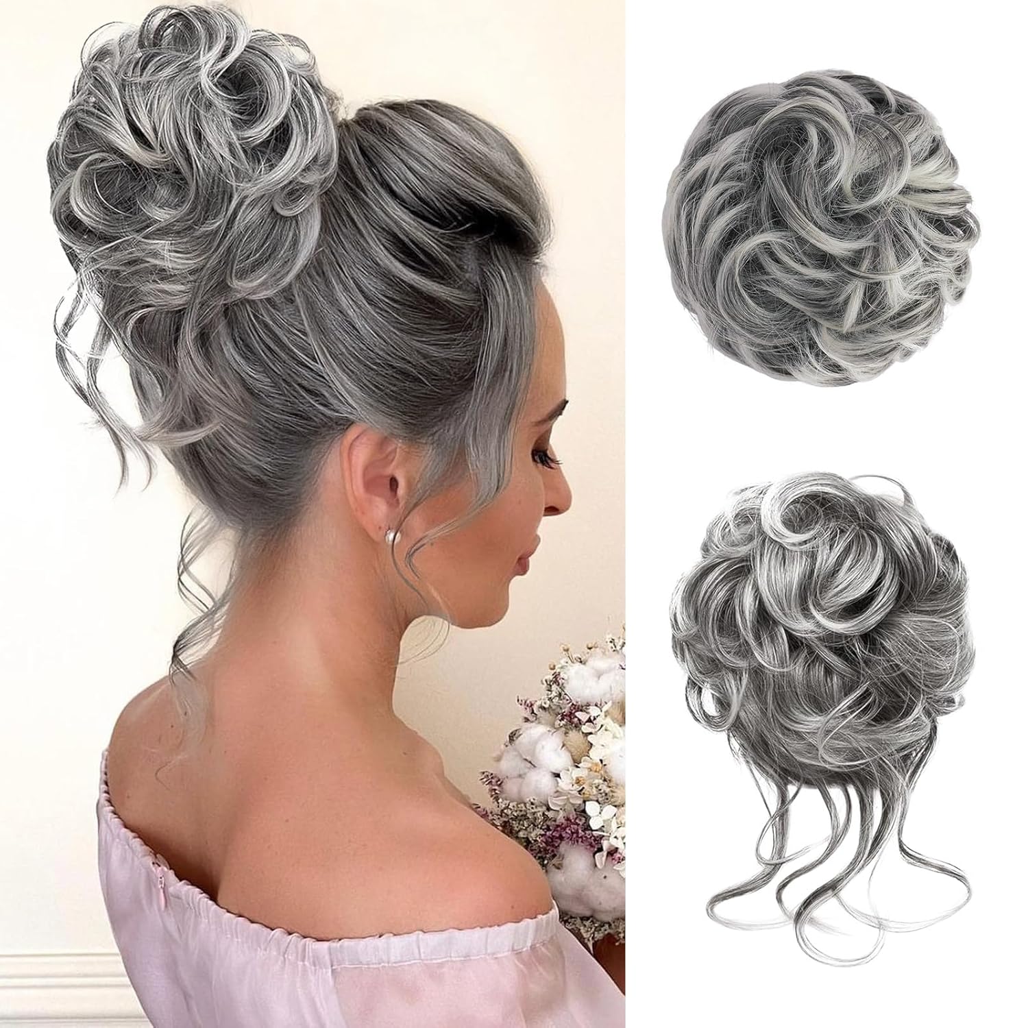 Hair Buns Hair Piece, 2PC Bun Hair Pieces for Women Hair Pieces for Updos Scrunchies Tousled Updo Bun Synthetic Wavy Curly Chignon Ponytail Hairpiece for Daily Wear