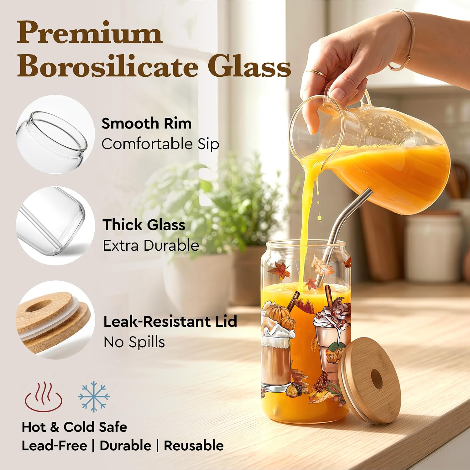 Fall Glass Cup Gifts for Women, 16 Oz Pumpkin Spice Glass Cup with Lid and Straw, Football Season Iced Coffee Cups, Cute Autumn Coffee Tumbler Thanksgiving Gift for Her,Friends,Daughter