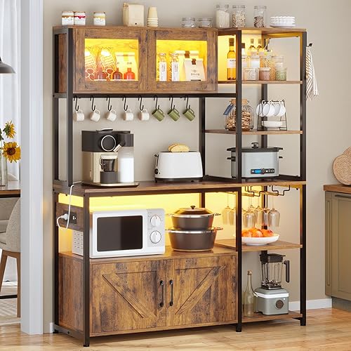Itaar Bakers Rack with Power Outlet and LED Light, 45.3 Inch Farmhouse Coffee Bar Cabinet, Kitchen Microwave Stand with Storage, Glass Cabinet, Goblet Holder and 8 Hooks (Rustic Brown) - Rustic Brown