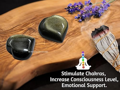 Miniatura 6 de Amazing Gemstone Golden Sheen - Piedra de palma de corazón de obsidiana de cristal  Piedra de preocupación de masaje de bolsillo para equilibrio
