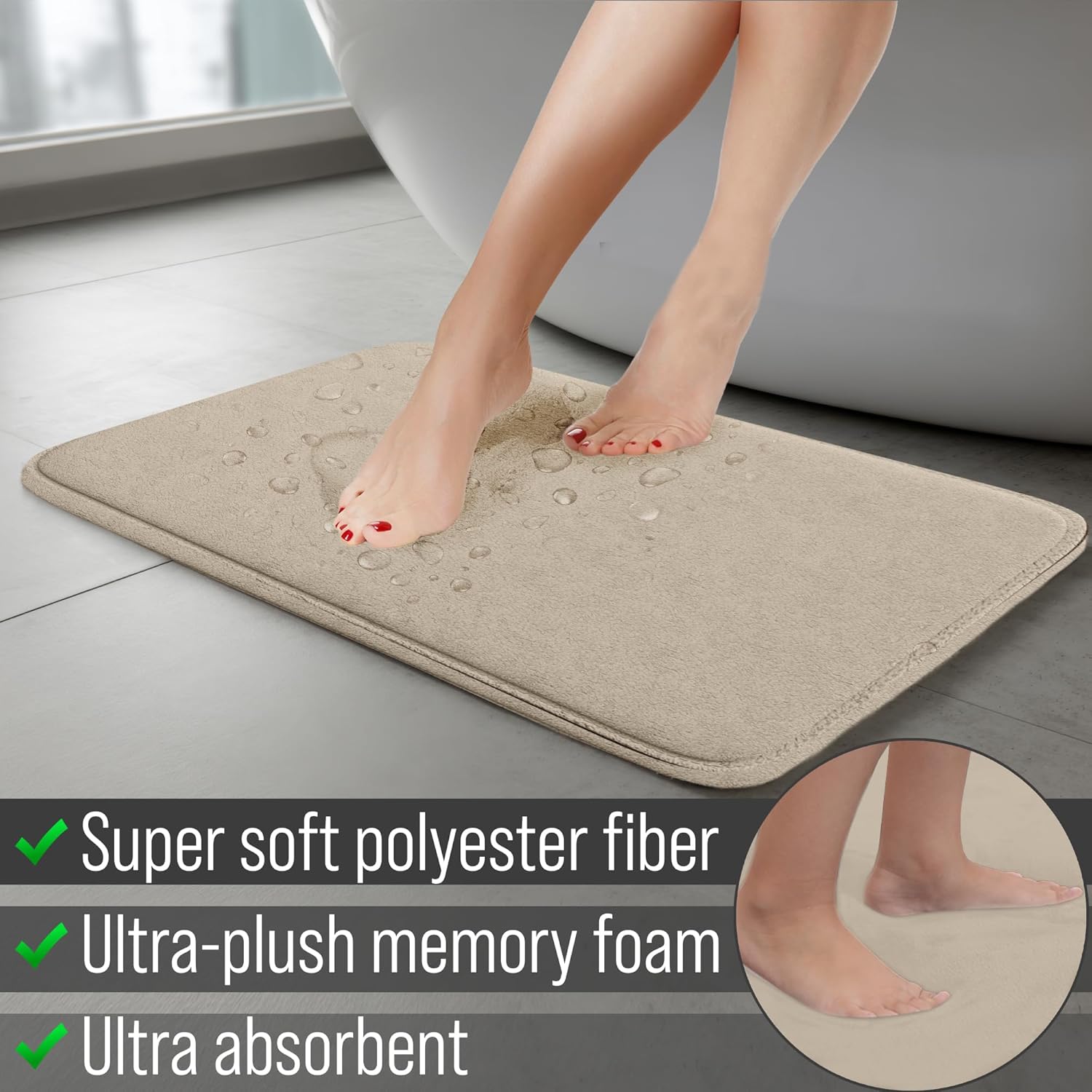 5-Piece Bathroom Rug Set - Memory Foam Bath Mats, Non-Slip, Ultra-Soft, Water Absorbent, Machine Washable Bathroom Rugs - Beige