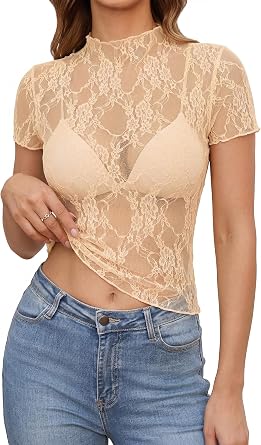 Rooscier Womens Sheer Lace Mesh Top Short Sleeve See Through Slim Fit Club T Shirt