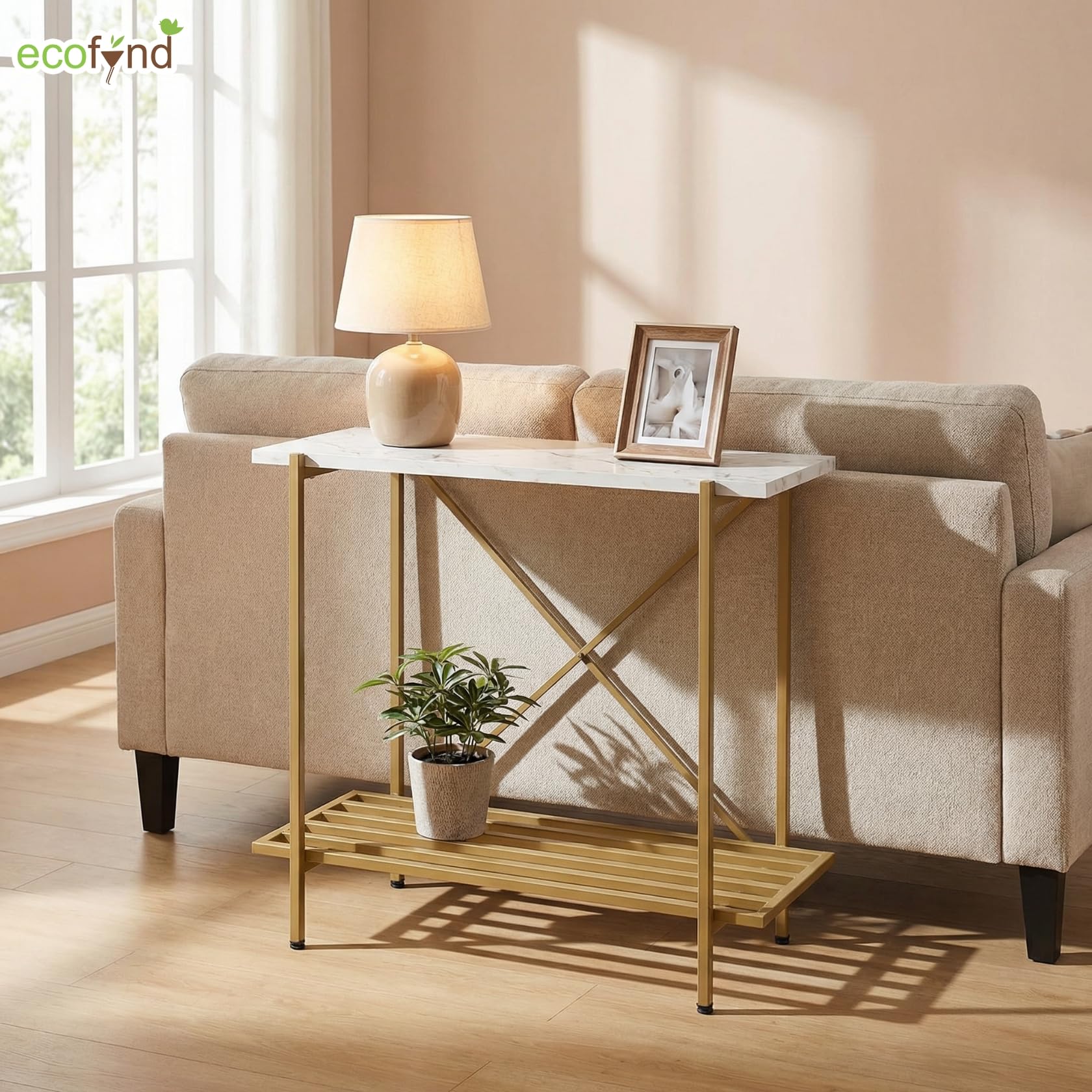 ecofynd 26 Inch 2 Tier Console Table, Metal with Engineered Wooden top for Long Narrow Hallway, Entryway, Living Room, Dining Room, Office, Home Side Table Storage Shelves (WHTGO, CT005) 3