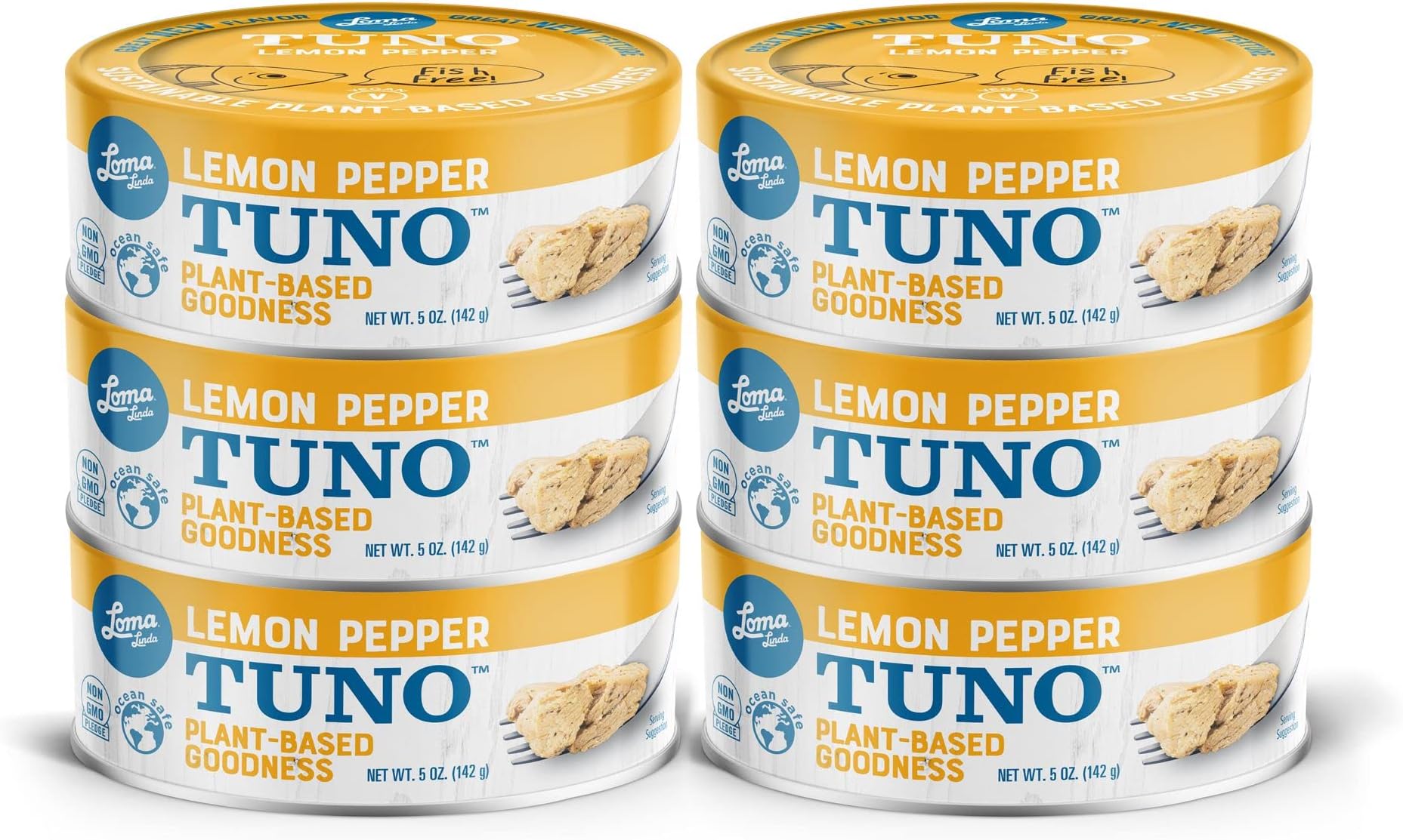 Vegan Tuna Plant Based Alternative - Loma Linda Tuno Lemon Pepper Meatless Fish Substitute, High Protein Seafood Alternative, Vegetarian Tuna Replacement, Non-GMO, Ready to Eat, 5 oz Cans (6 Pack)