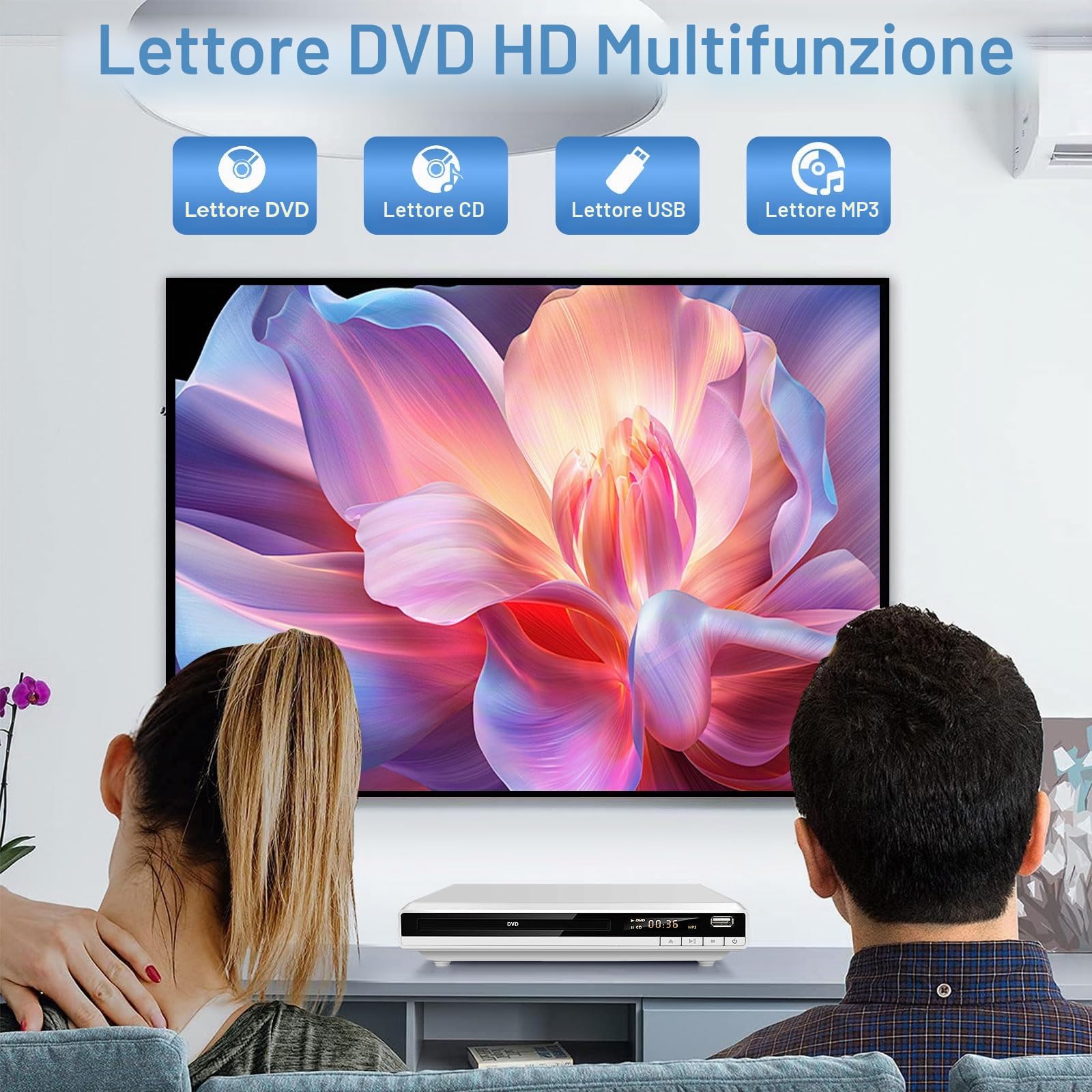 Lettore DVD Multiregione con HDMI per TV | JOVELL Riproduttore CD MP3 con Ingresso USB | Include Telecomando e Cavi HDMI/RCA | Perfetto per Film Familiari, Riproduce Tutte le Regioni (Bianco)