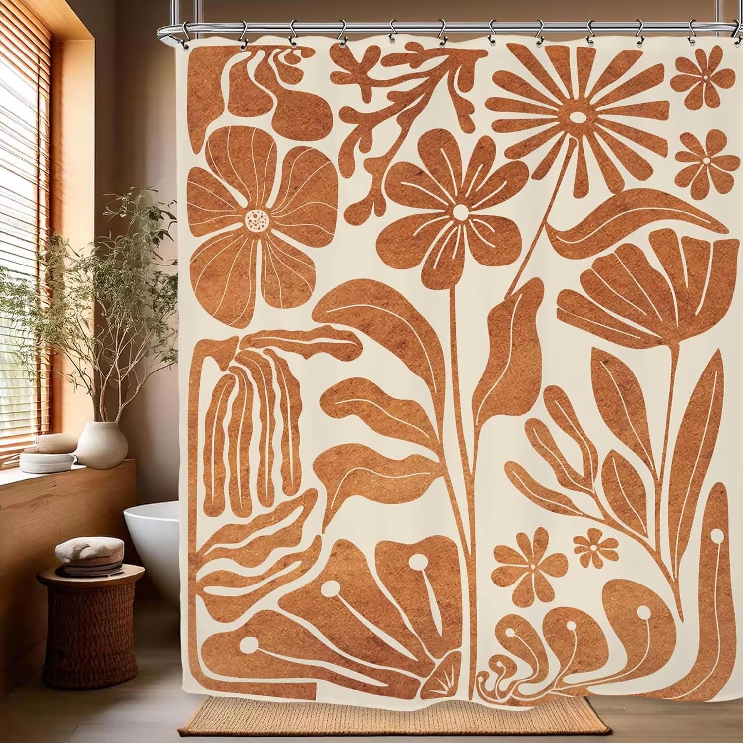 Rideau de Douche Rustique Marron à Motif Floral, Style bohème, Tons Terre, en Polyester imperméable (200 x 235 cm (79 x 93 po))