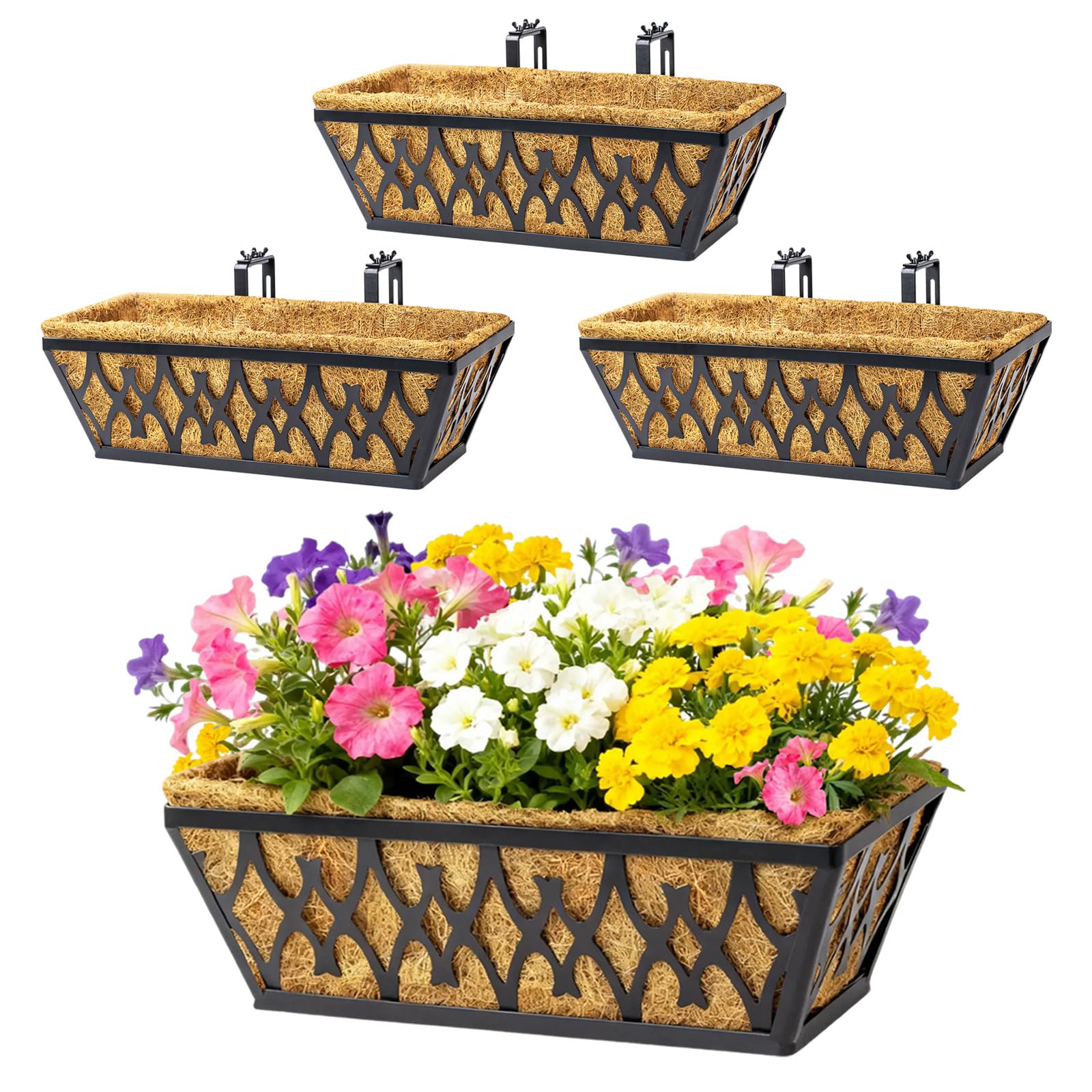 4 Pack 16 Inch Window Boxes Planters Railing Planter Box with Adjustable Brackets for Porch Fence Patio Balcony Hanging Flower Baskets with Coco Liners for Outdoor Garden Decor - Black