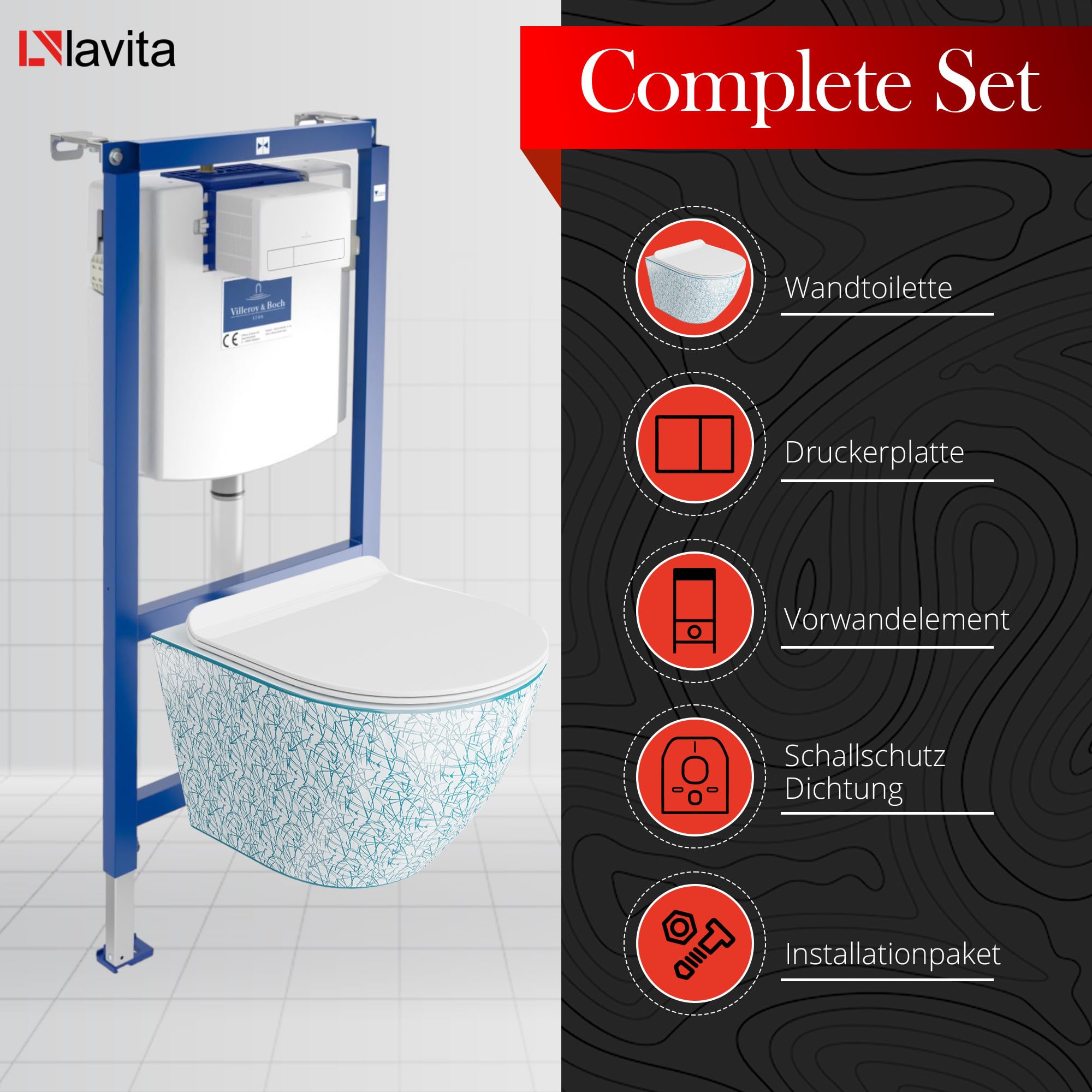 ViConnect H112 - Inodoro empotrado con placa de control + pared colgante profundo para inodoro Sofi Slim Kresz sin bordes, juego completo, cisterna empotrada, juego completo