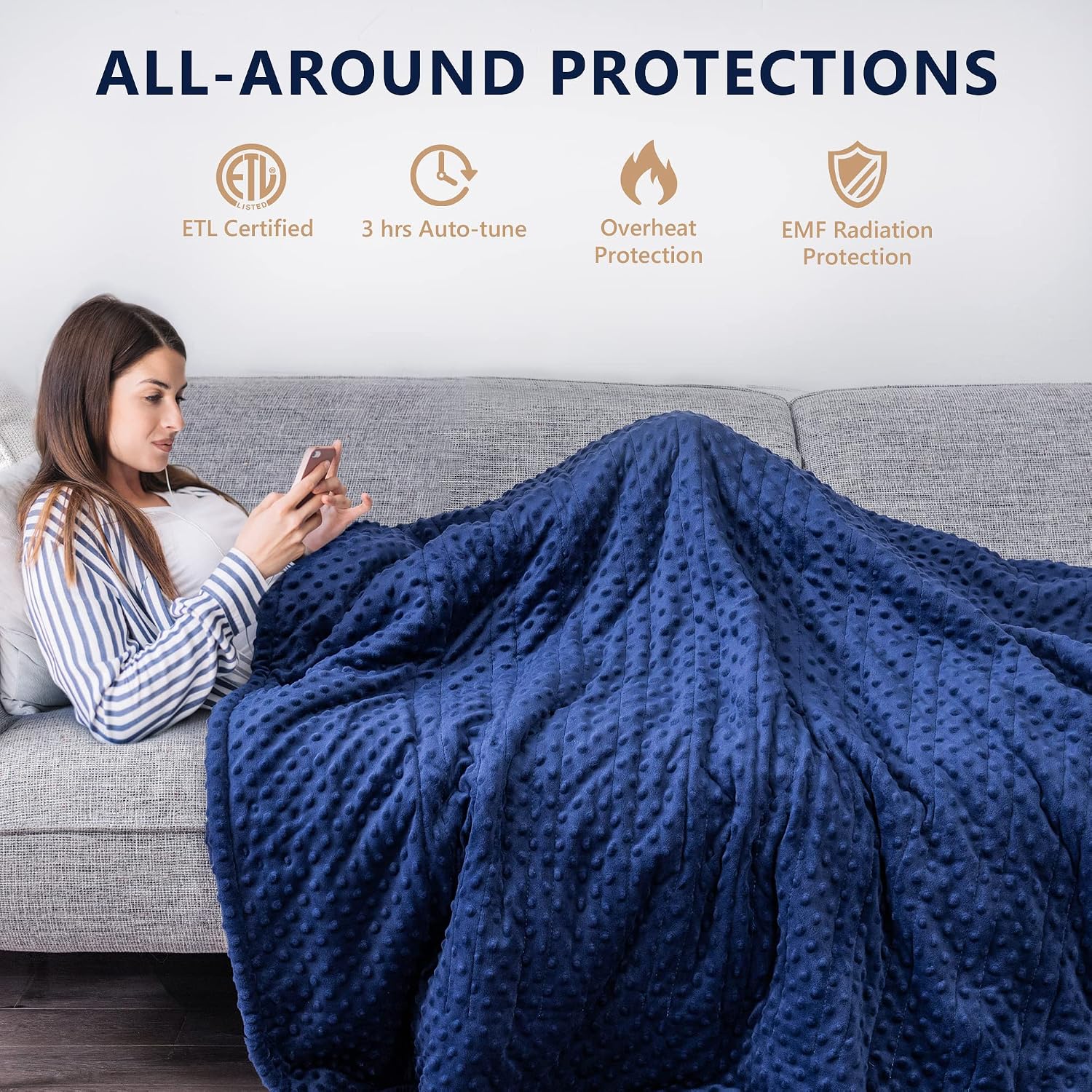 Mr. Sandman Heated Blanket Throw, Fast Heating Blanket Electric Throw with Minky and Sherpa, 10 Heating Levels & 3 Hours Auto-Off, ETL Certificated, Machine Washable (50" x 60", Navy Blue)